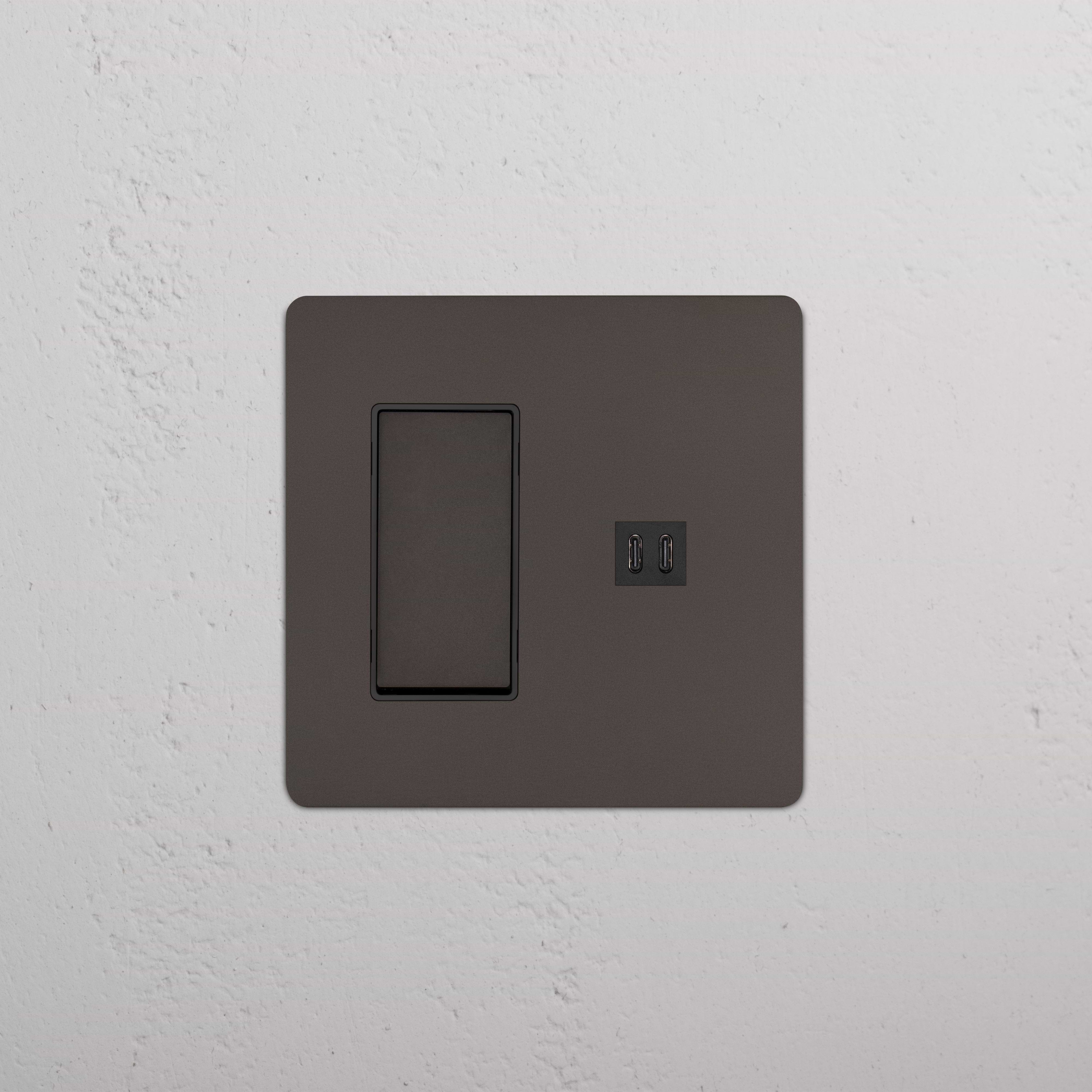 Kew 2G Rocker Switch & Fast Charge USB in Bronze Black, wall plate with two switches and USB ports.
