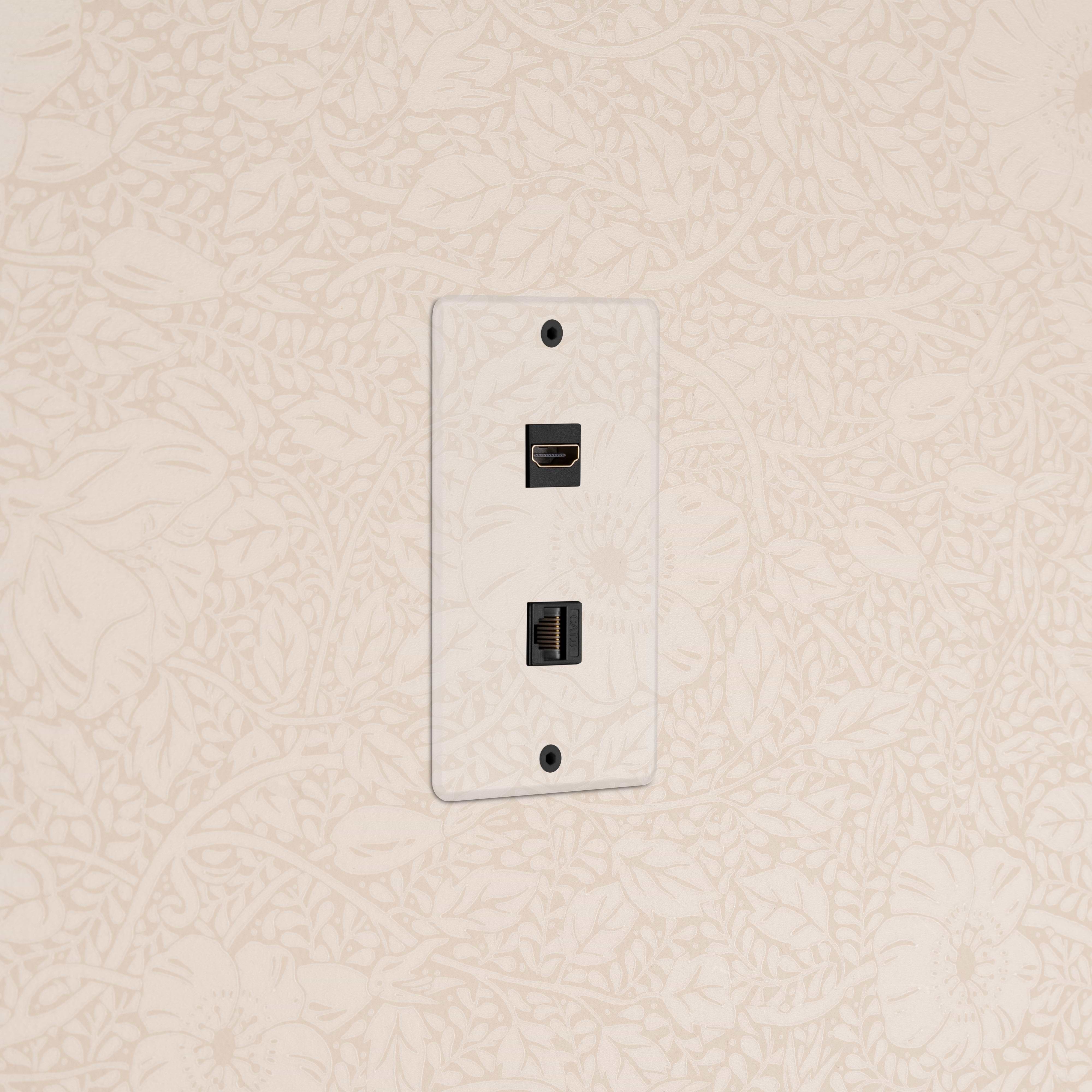 Kew 1G HDMI & CAT 6 Keystone in clear black, single-gang module for HDMI and Ethernet connectivity.