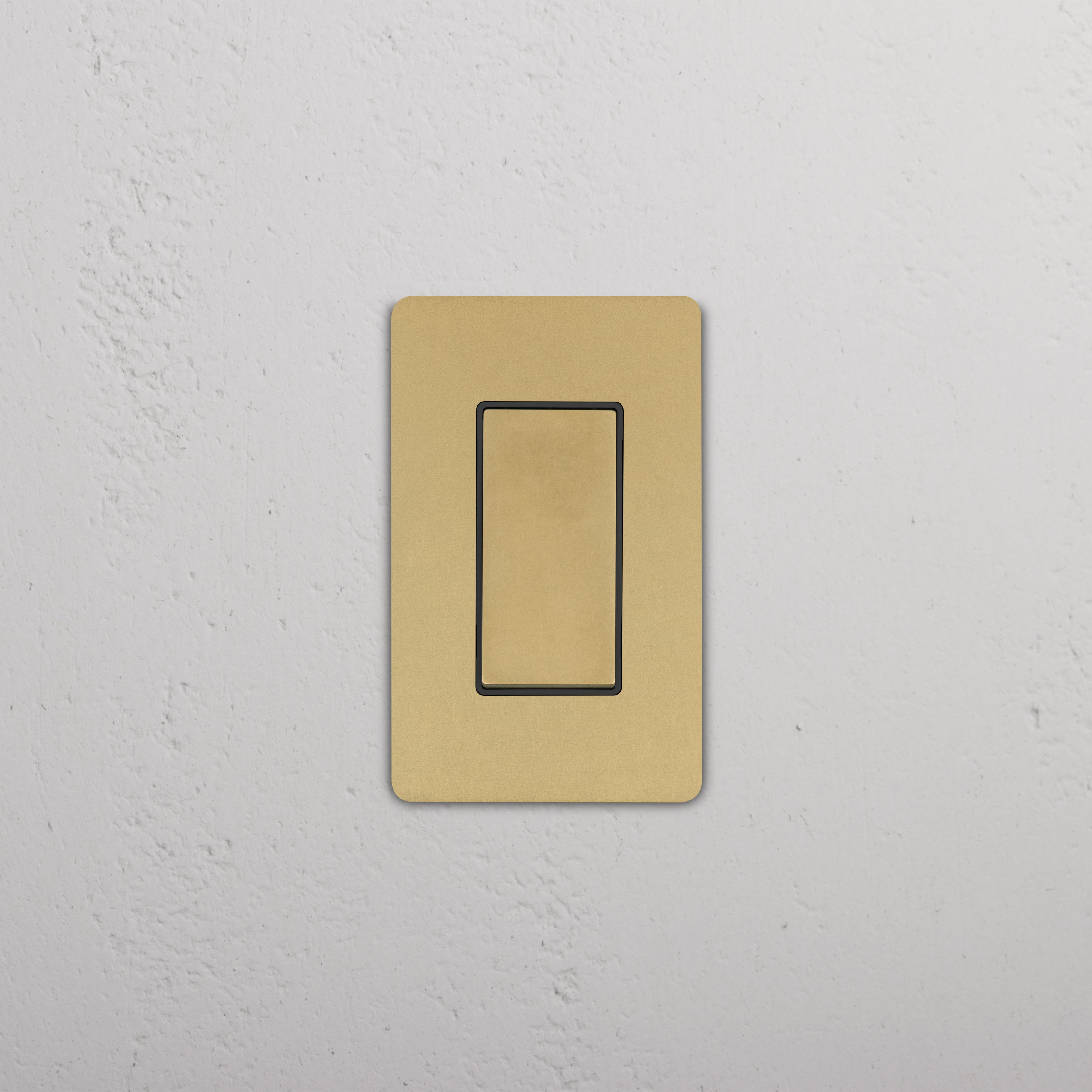 Grove 1G Double Pole Rocker Switch in Antique Brass Black finish, shown mounted on a white wall.