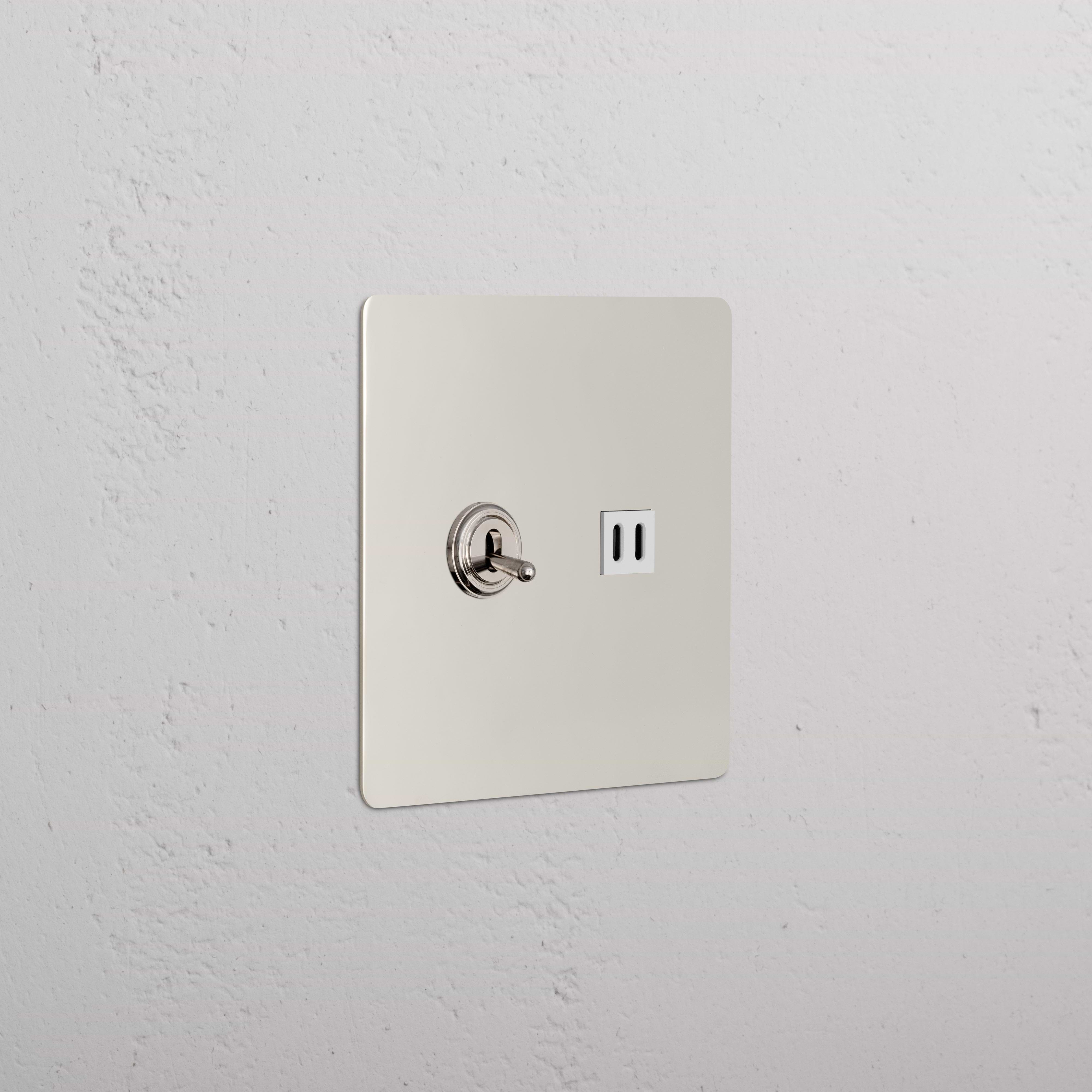 Kew 2G Toggle Switch & Fast Charge USB in Polished Nickel White, wall-mounted with toggle and USB port.
