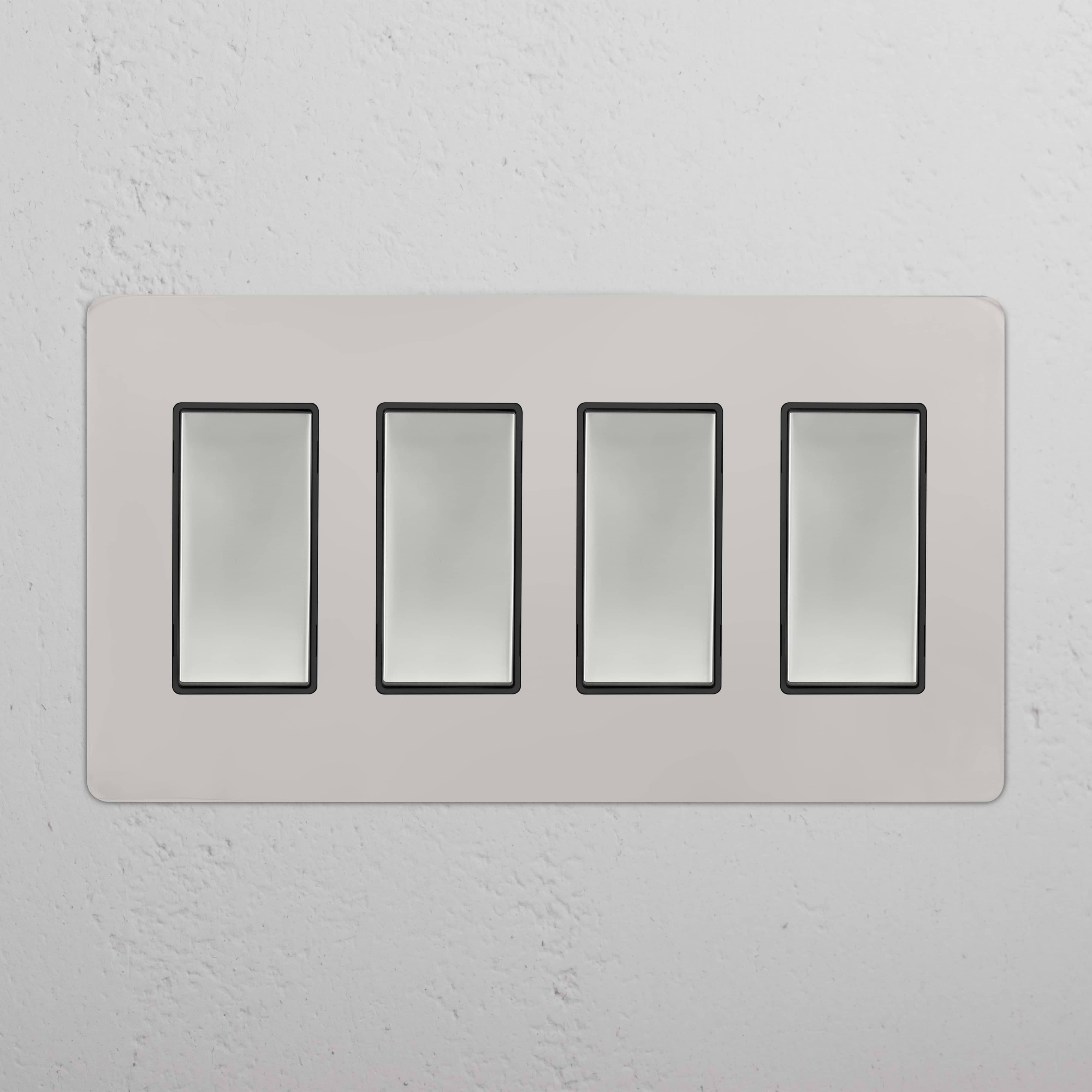 Polished Nickel Black Kew 4G Rocker Switch panel with four black rectangular switches in a horizontal row.