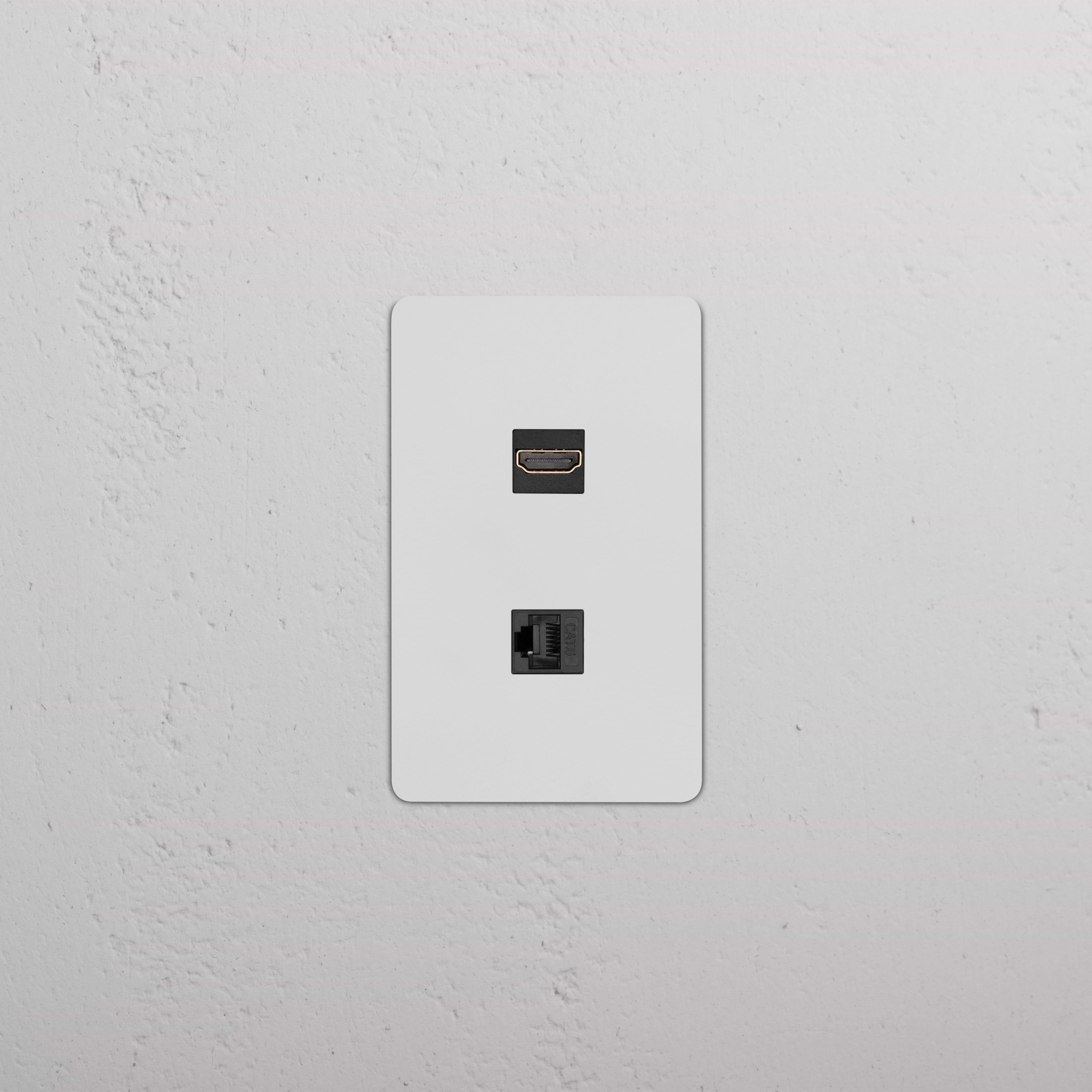 Kew 1G HDMI & CAT 6 Keystone, Paintable Black wall plate with HDMI and Ethernet ports.