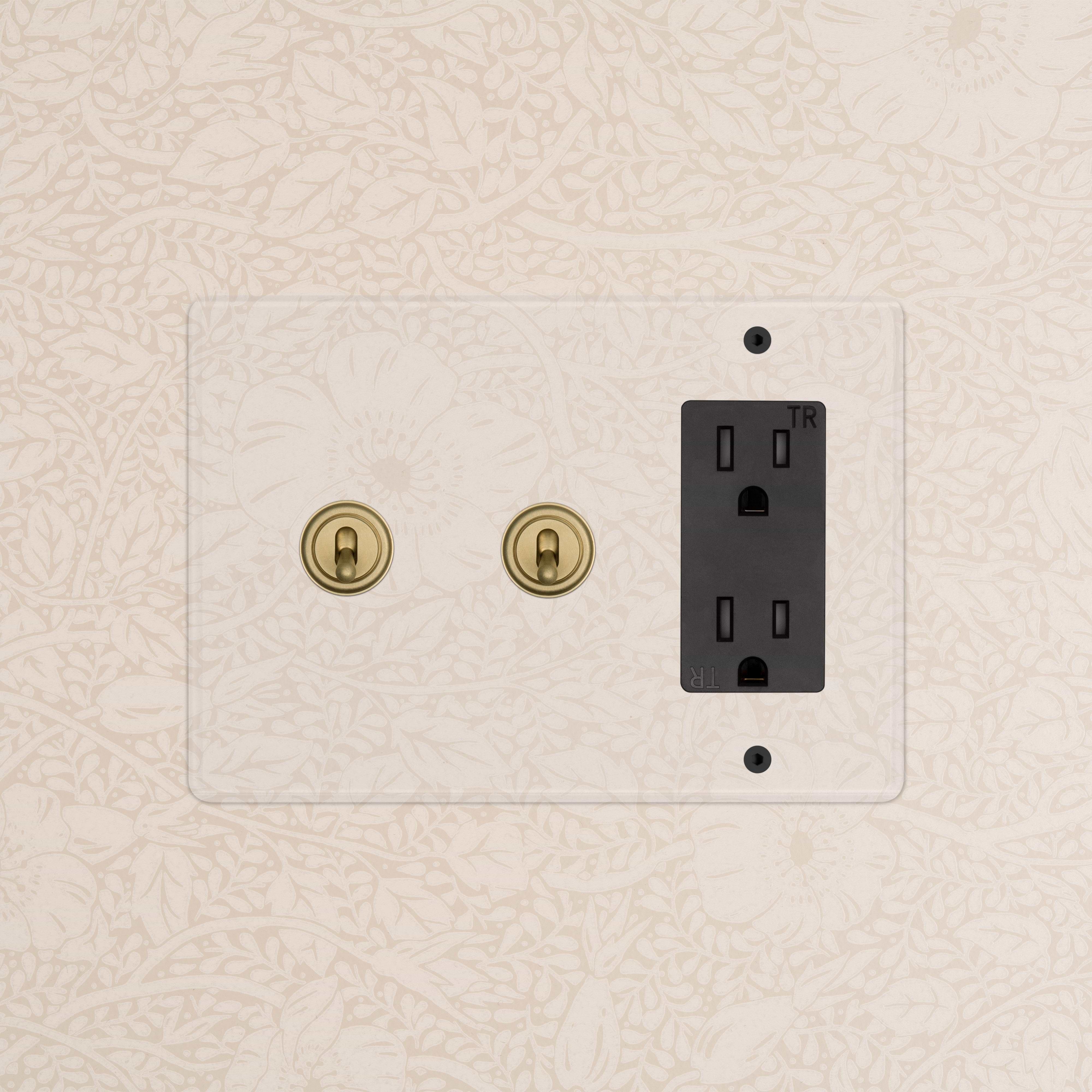 Kew 3G 2x Toggle Switch & Outlet in clear antique brass and black with two toggles and a black outlet.