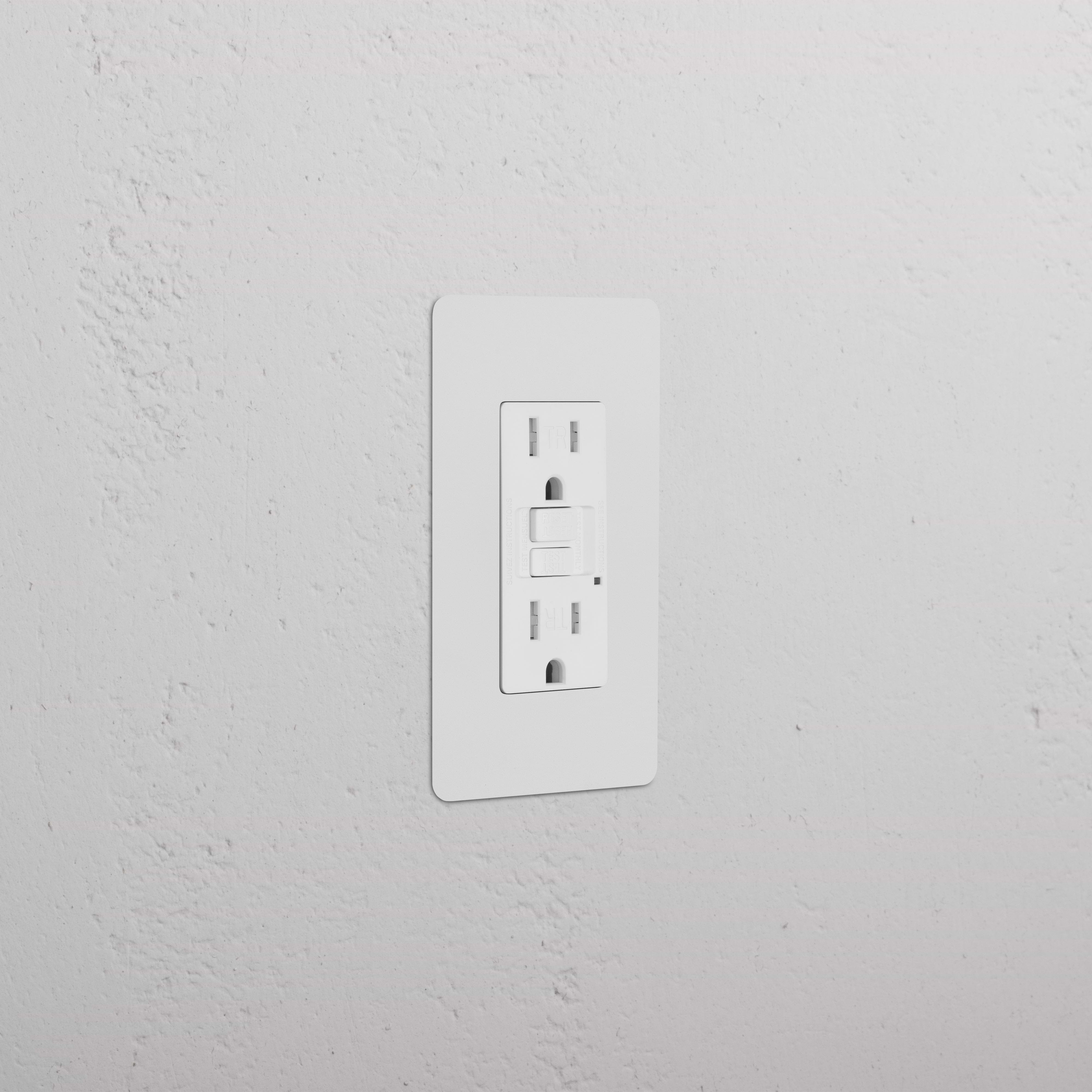 Kew 1G 15A GFCI outlet in paintable white with two sockets and reset/test buttons on a white wall.