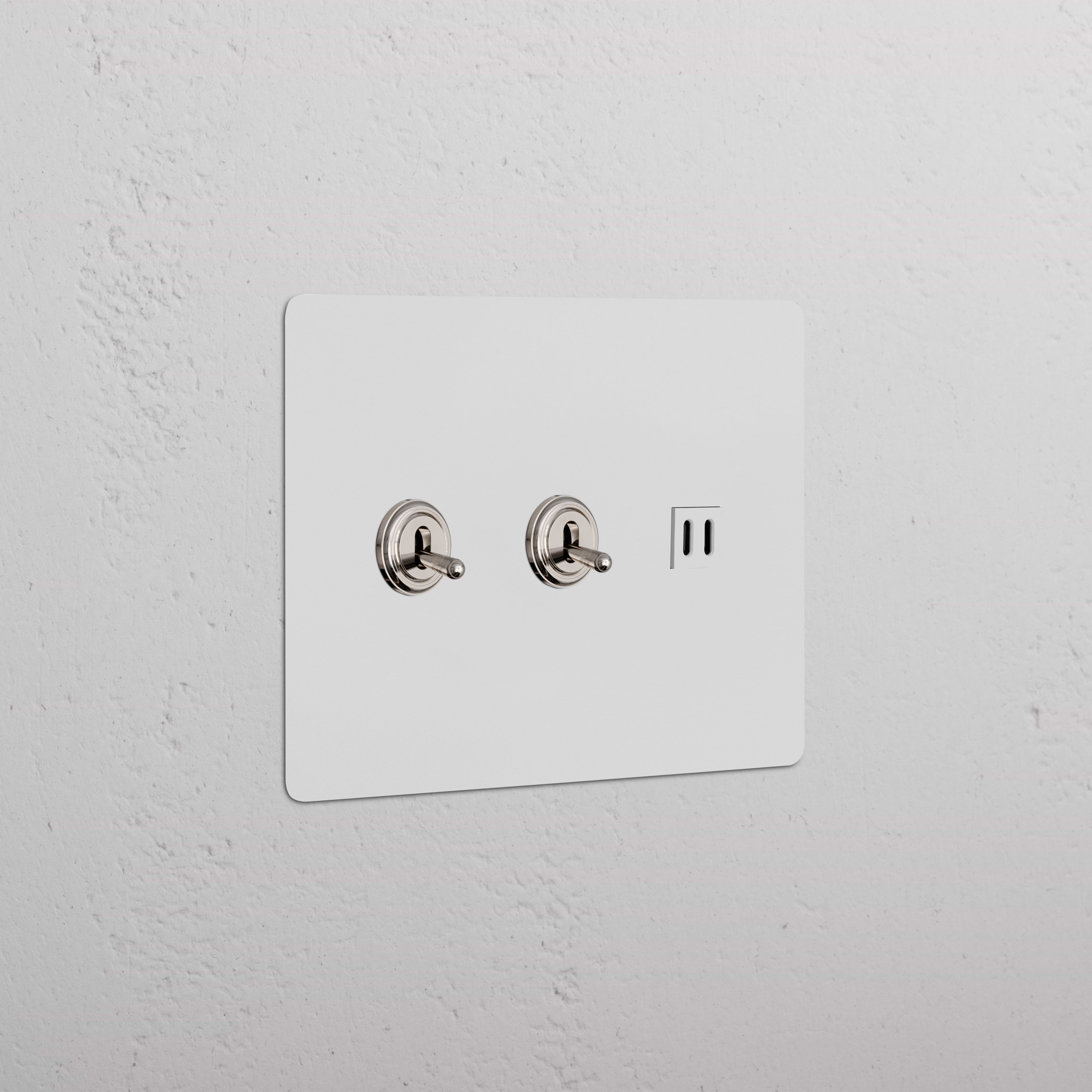 Kew 3G 2x Toggle Switch & Fast Charge USB in paintable polished nickel white, with two toggles and USB port.
