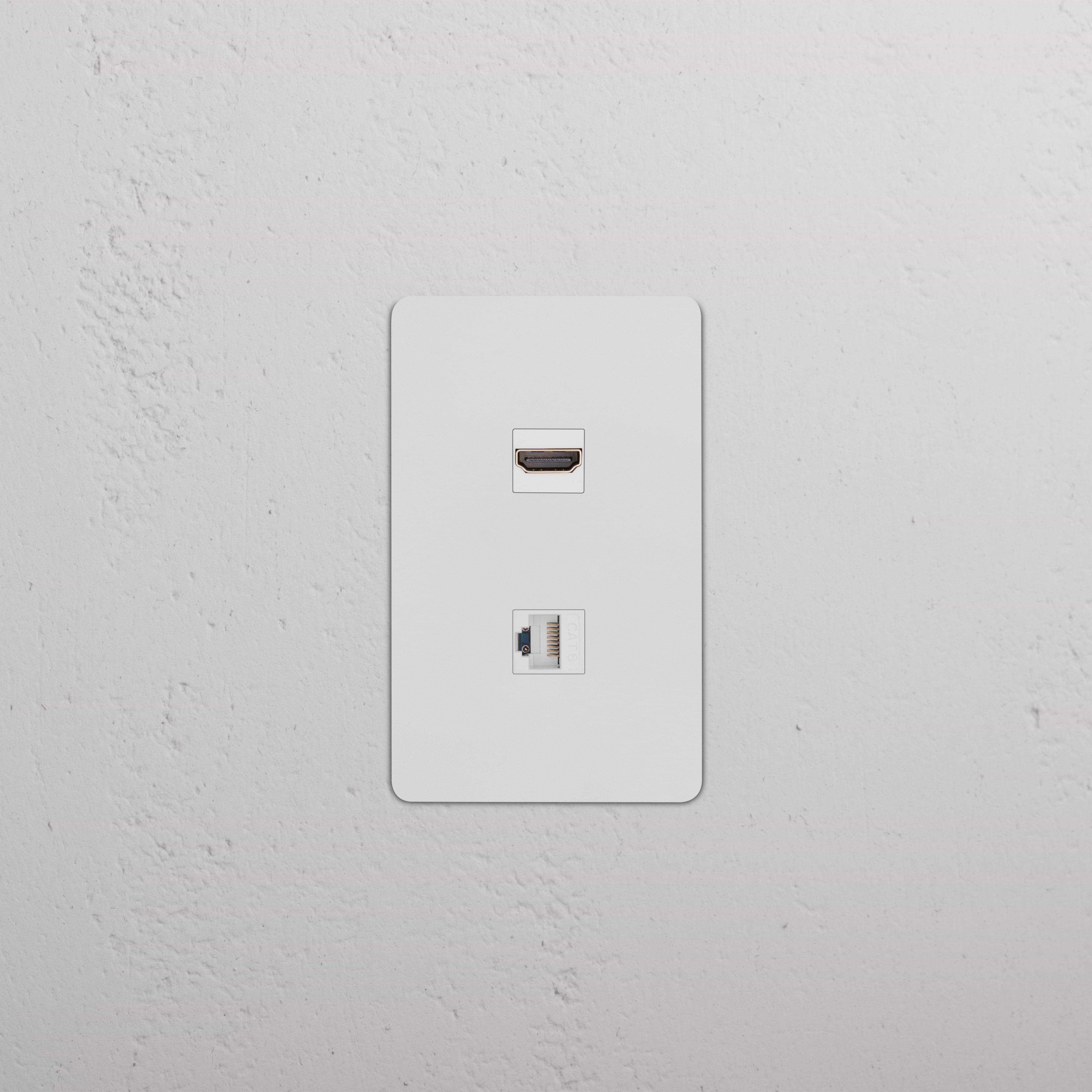 Kew 1G HDMI & CAT 6 Keystone plate in paintable white, with HDMI and Ethernet ports, wall-mounted.