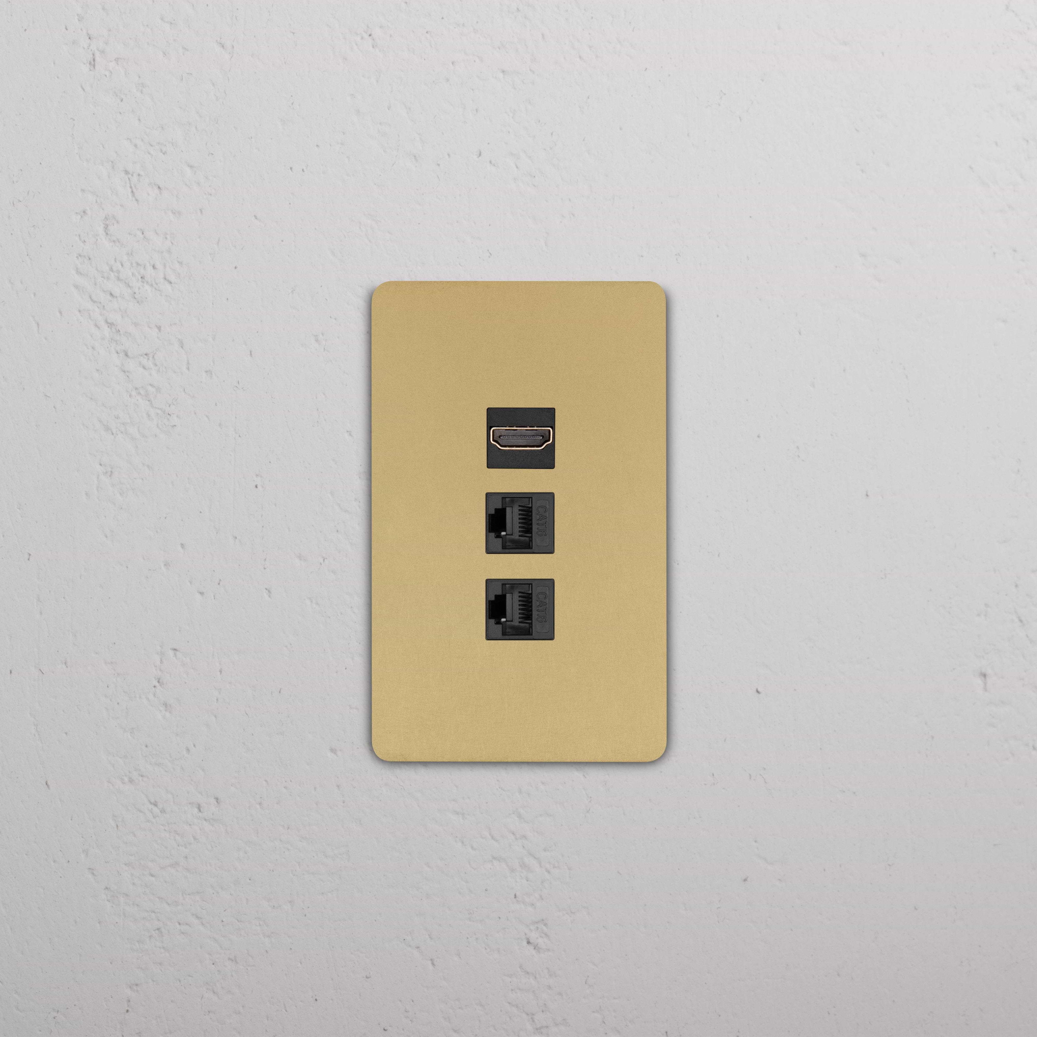 Grove 1G HDMI & 2x CAT6 Keystone wall plate in Antique Brass Black with one HDMI and two Ethernet ports.