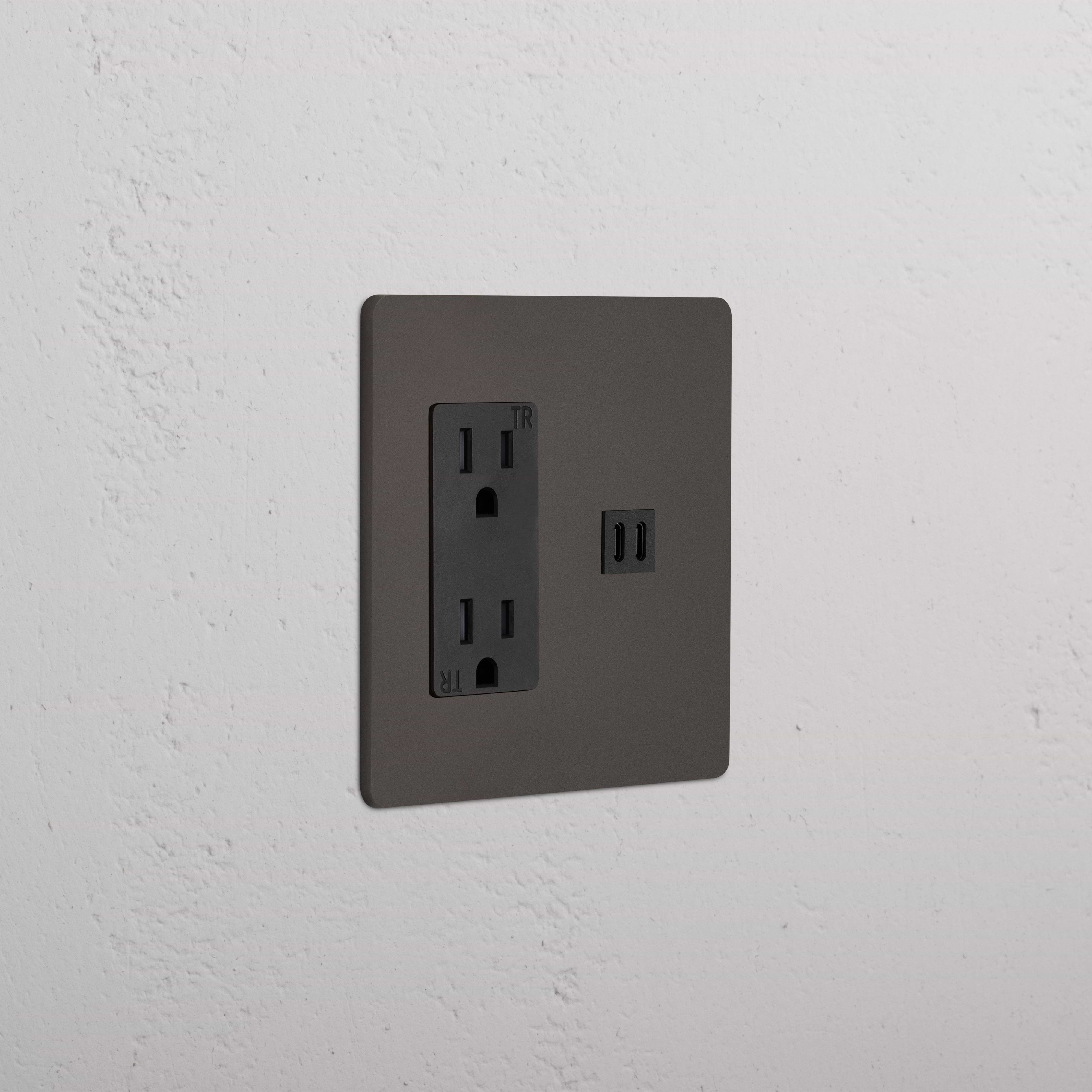 Grove 2G Outlet & Fast Charge USB in Bronze Black with two power sockets and USB port on a wall plate.