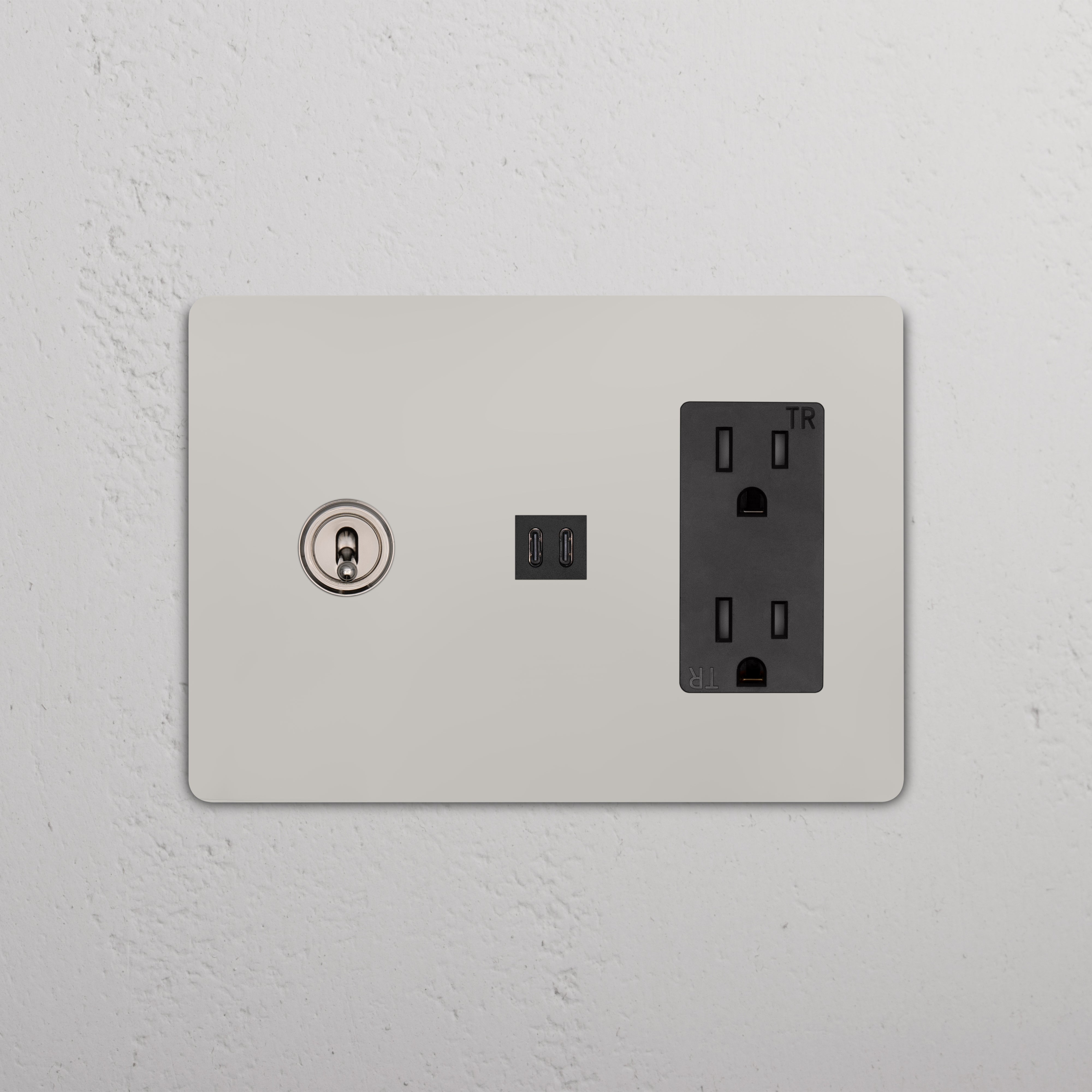 Polished nickel black Grove 3G wall plate with toggle switch, outlet, and fast charge USB port.