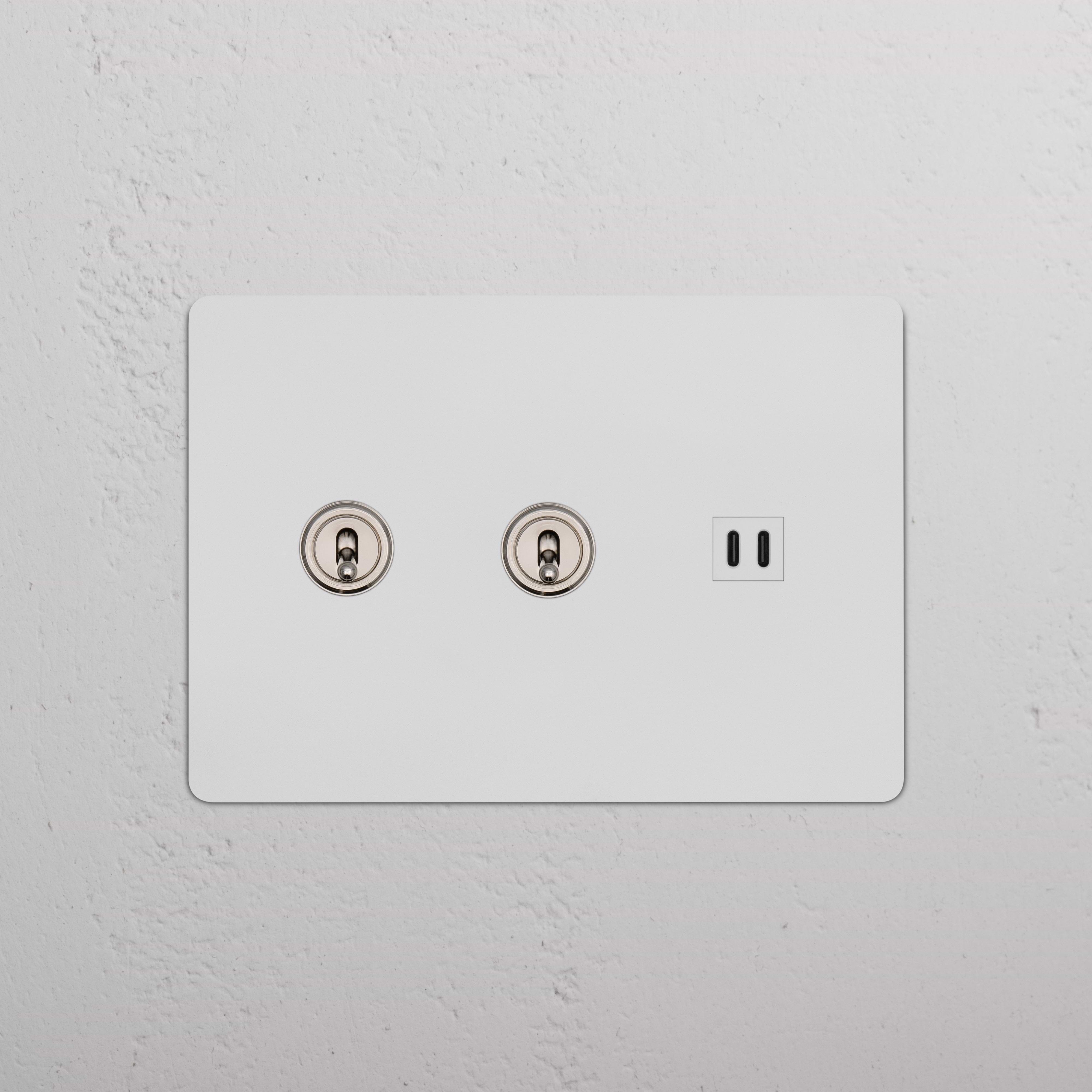 Kew 3G 2x Toggle Switch & Fast Charge USB in paintable polished nickel white wall plate.