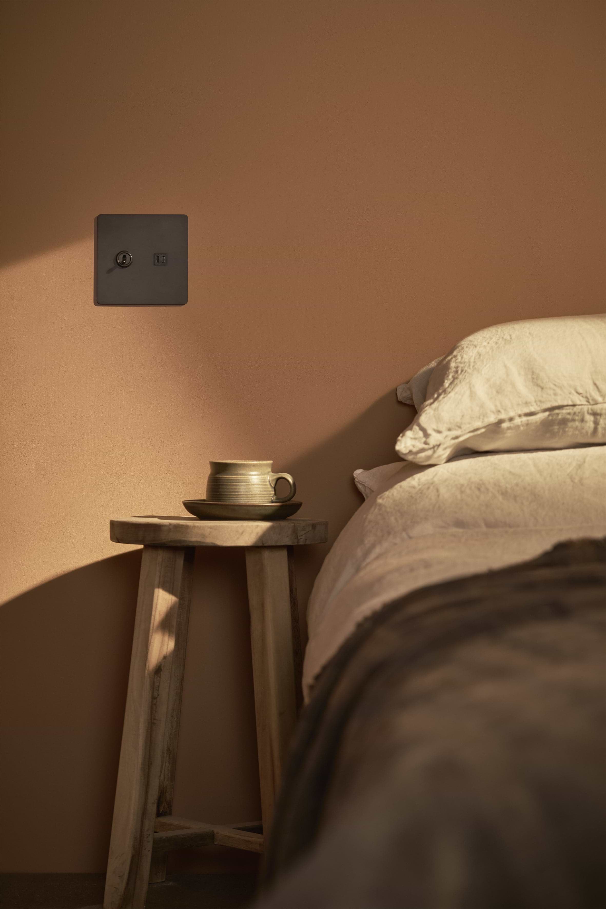 Bronze Black Kew 2G Toggle Switch & Fast Charge USB wall plate, shown installed on a wall.