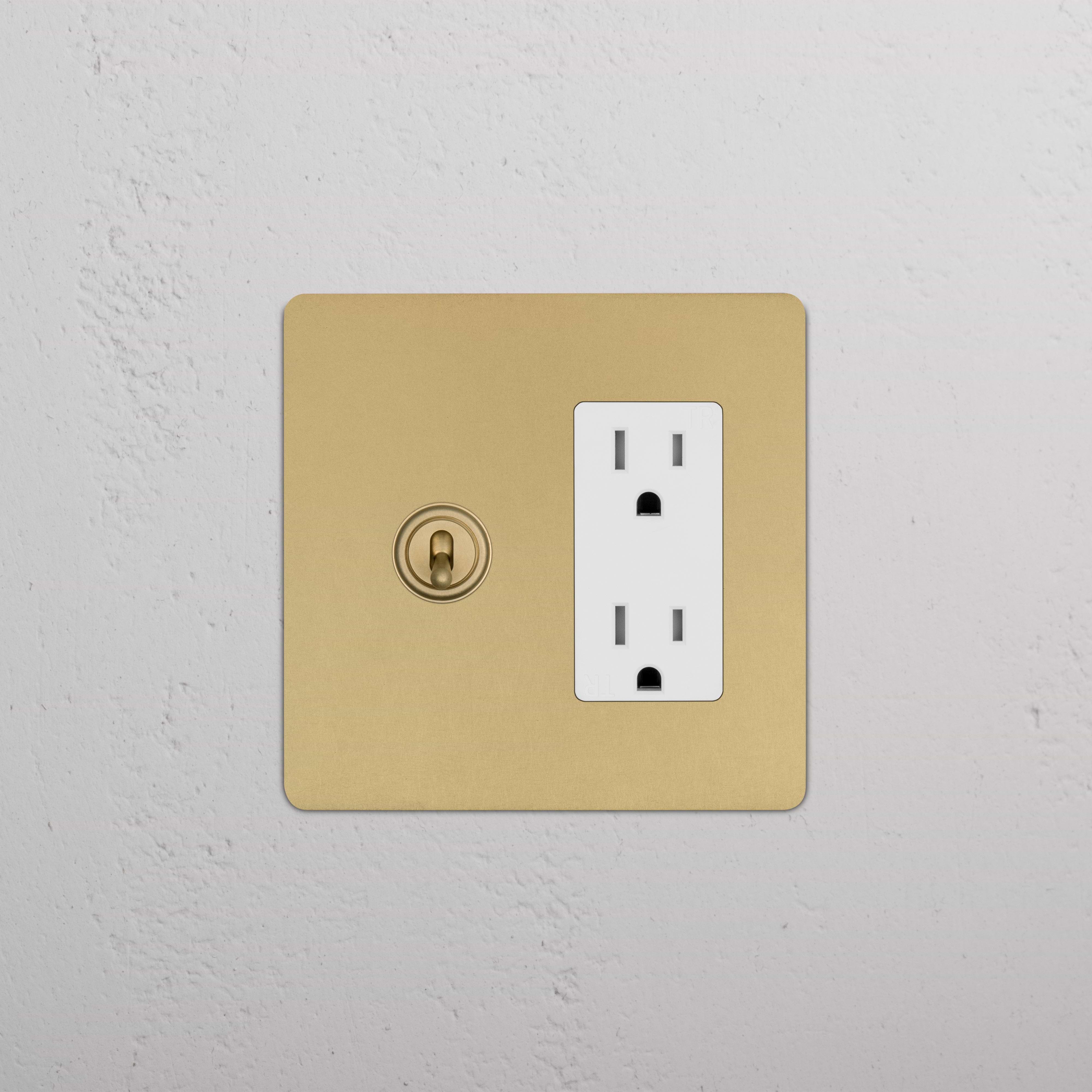 Kew 2G Toggle Switch & Outlet in Antique Brass White, with left toggle switch and right twin power outlet.