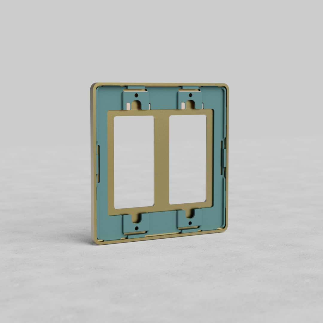 2G Outlet Plate Grove US in antique brass finish, designed for two outlets, shown on a plain surface.
