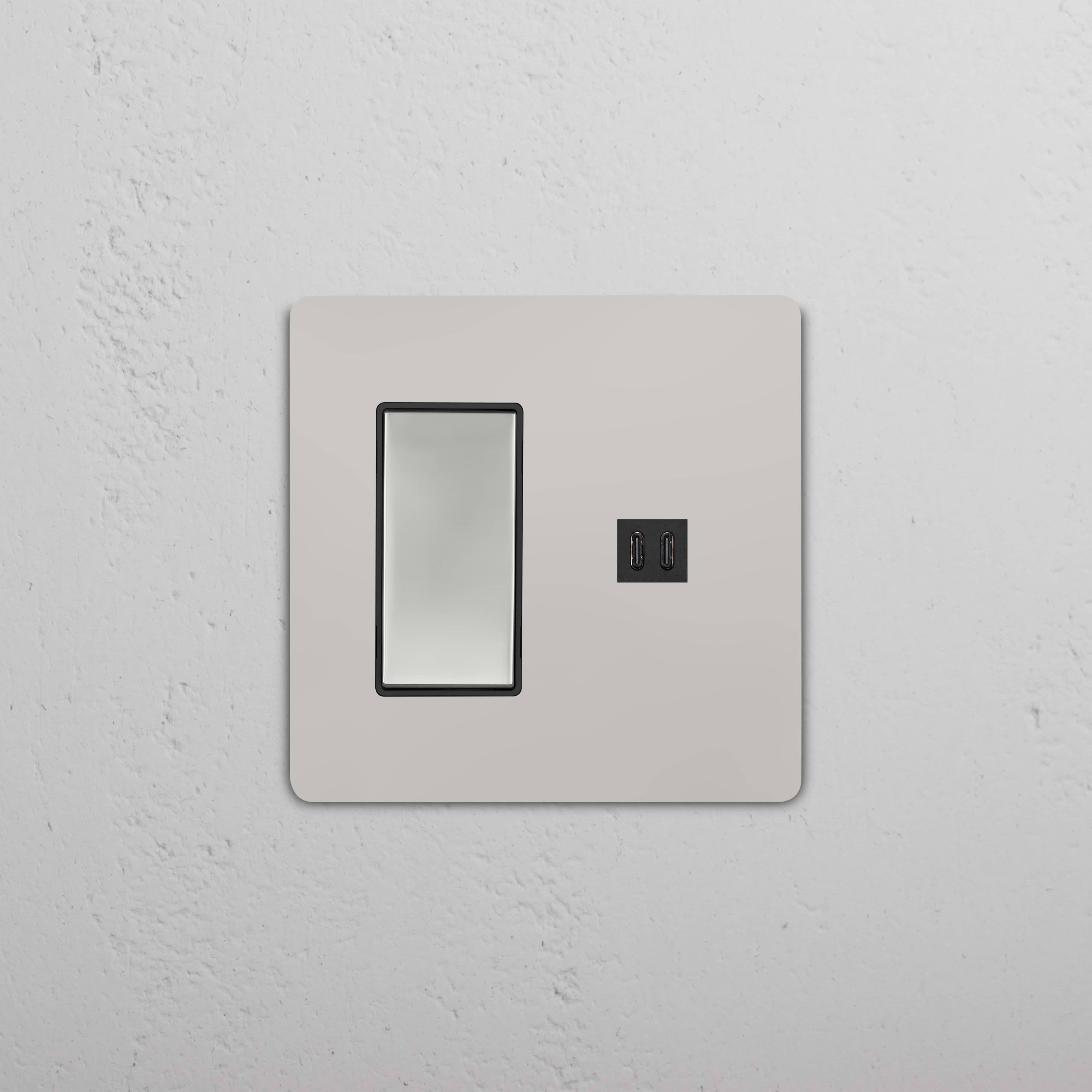 Grove 2G Rocker Switch and Fast Charge USB outlet in polished nickel black on a white textured wall.