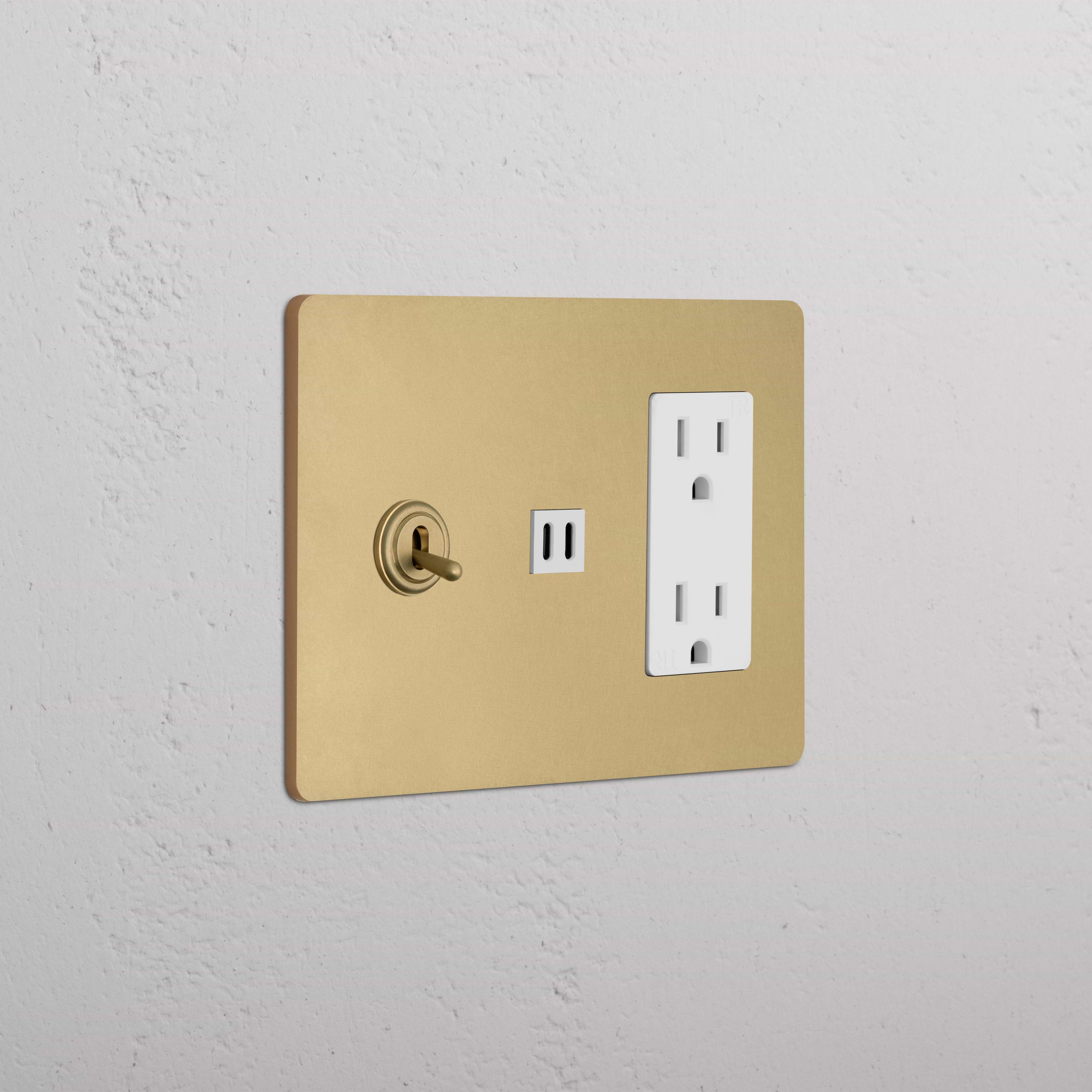 Grove 3G Toggle Switch, Outlet & Fast Charge USB in Antique Brass White with gold plate and white outlets.