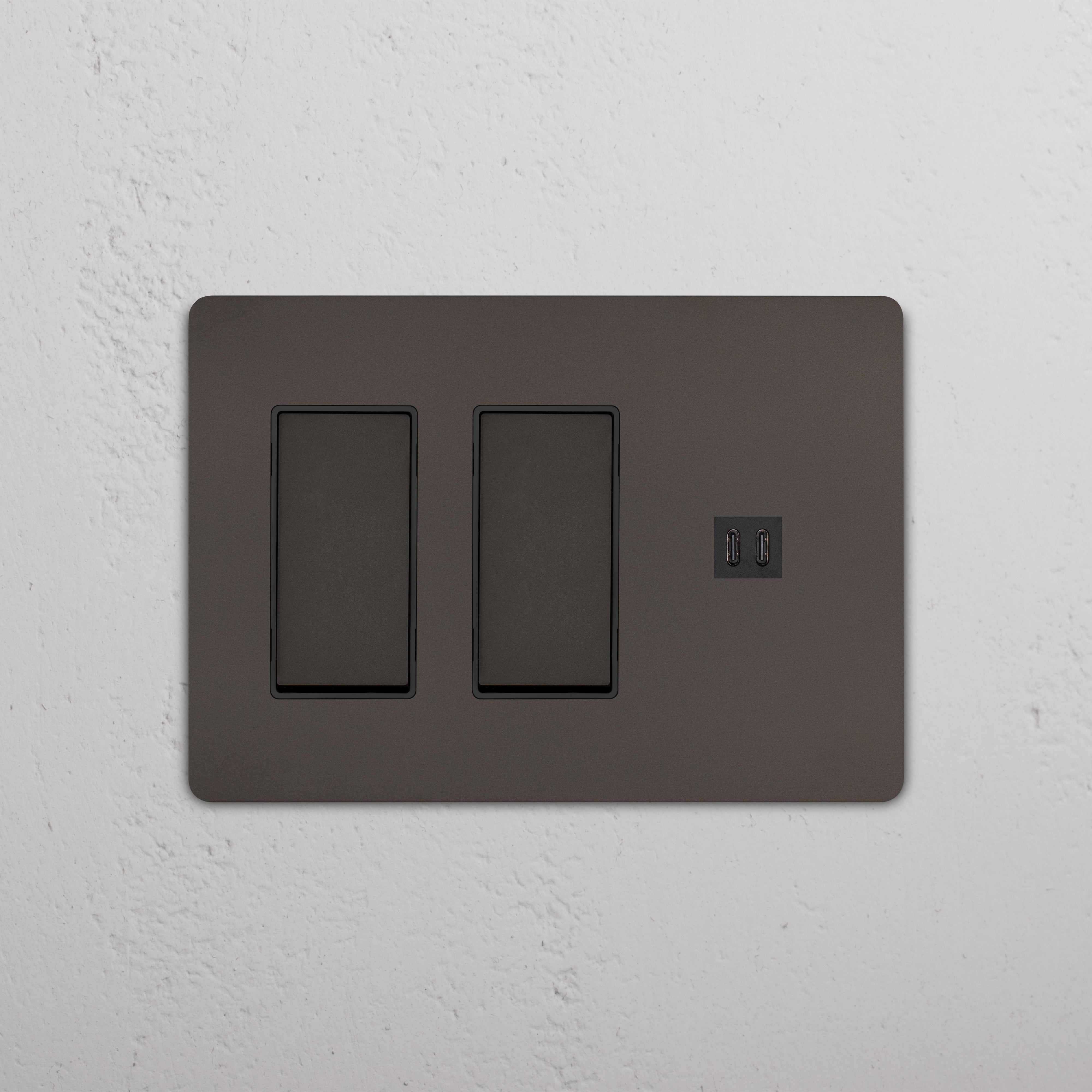Grove 3G 2x Rocker Switch & Fast Charge USB in Bronze Black, with two switches and dual USB ports on a wall.