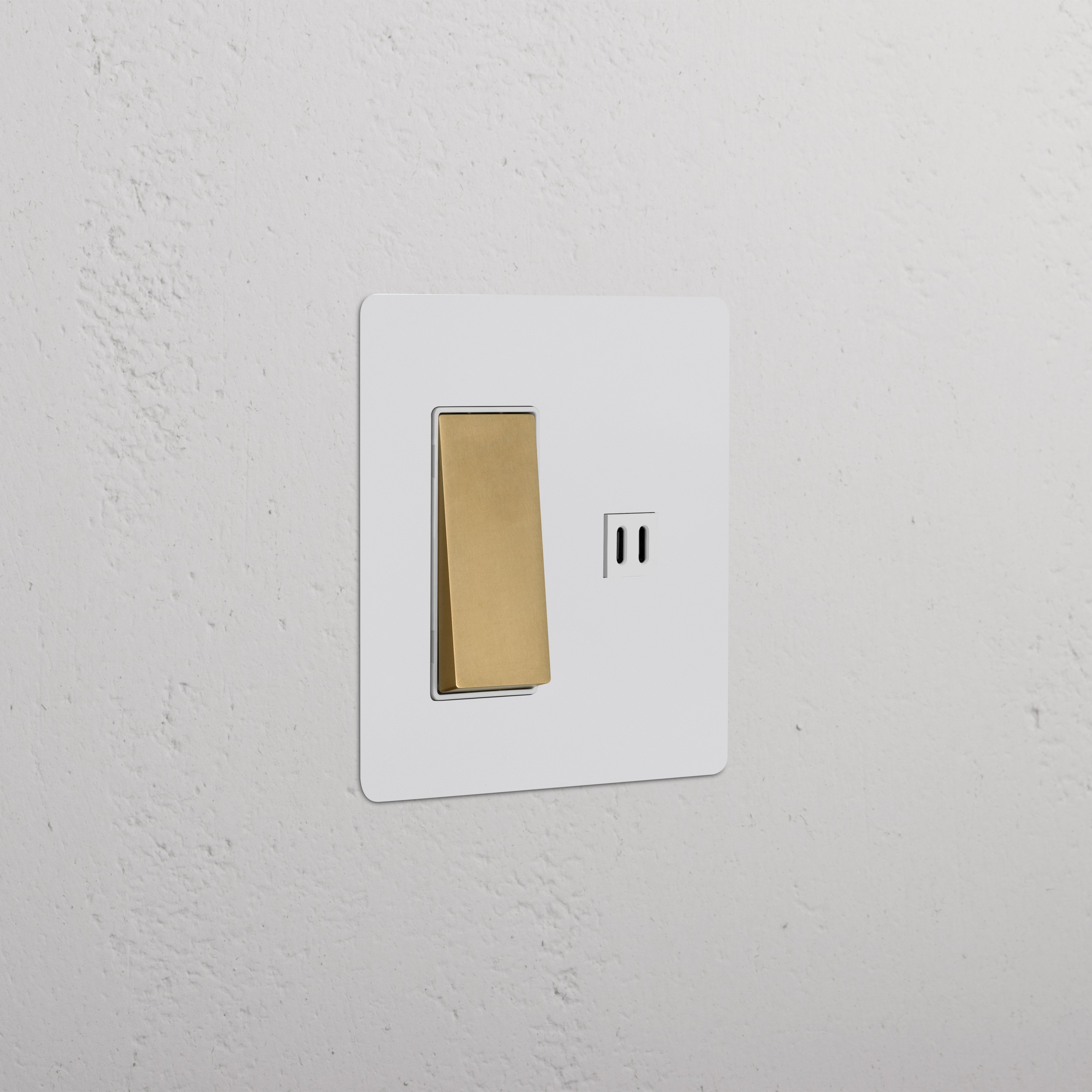 Kew 2G Rocker Switch & Fast Charge USB in paintable antique brass with white square plate, wall-mounted.
