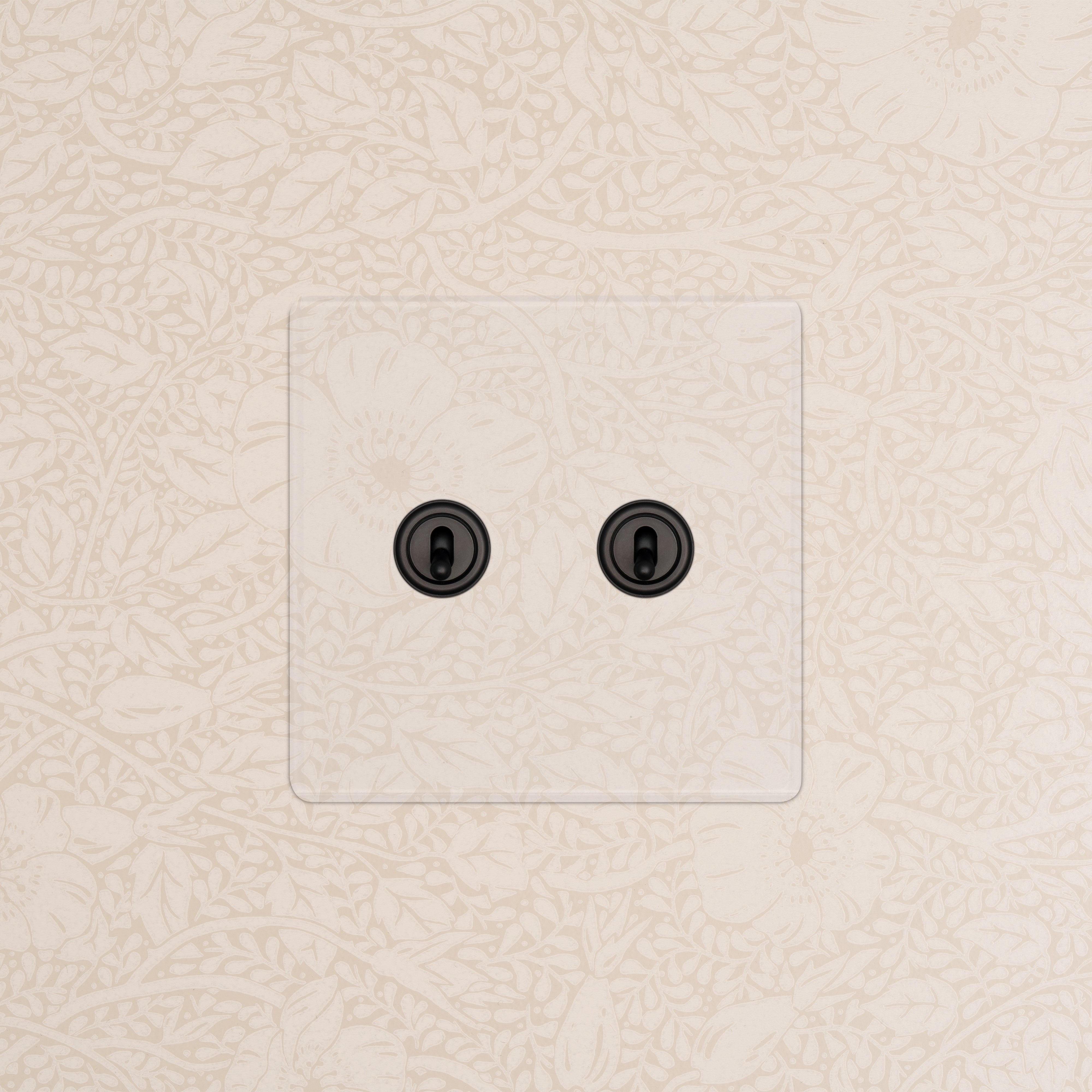 Kew 2G Toggle Switch in Clear Bronze finish with two black toggle switches on a transparent plate.