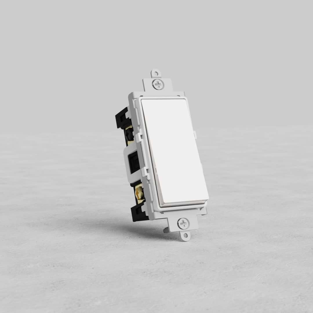 Four Way Rocker Switch in polished nickel with white finish, shown upright against a plain gray background.