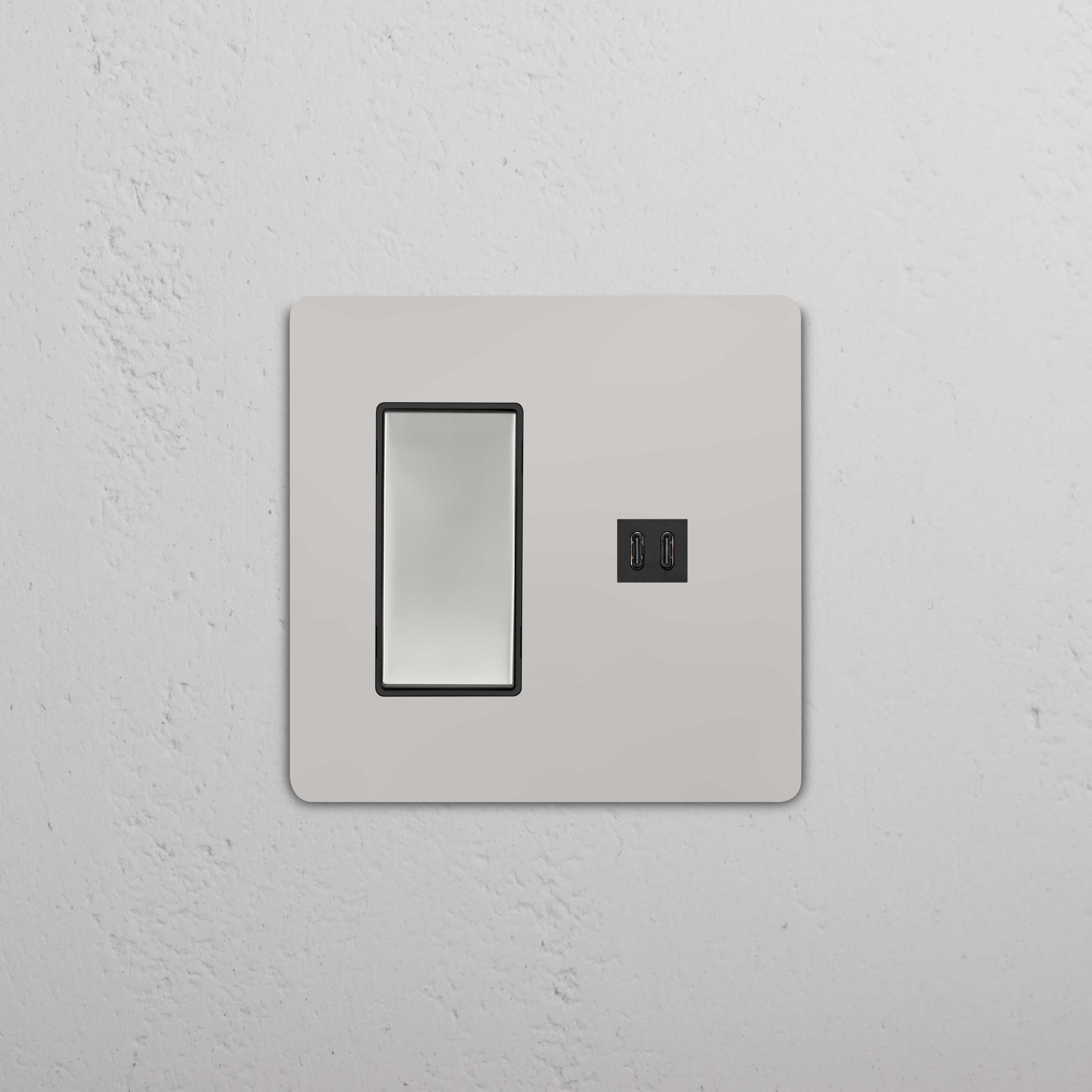 Grove 2G Rocker Switch and Fast Charge USB outlet in polished nickel black on a white textured wall.