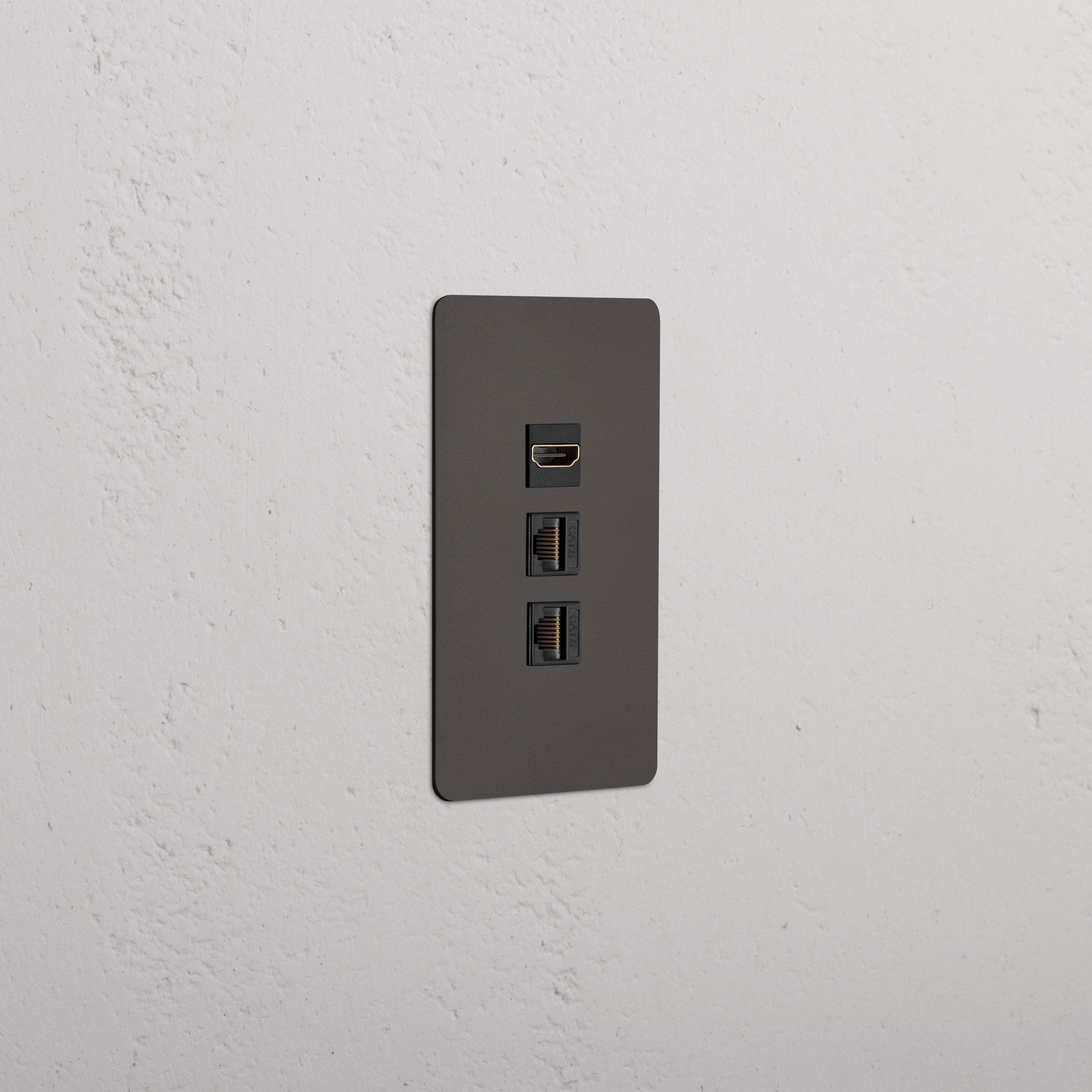 Kew 1G HDMI & 2x CAT6 Keystone Bronze Black wall plate with one HDMI and two CAT6 Ethernet ports.