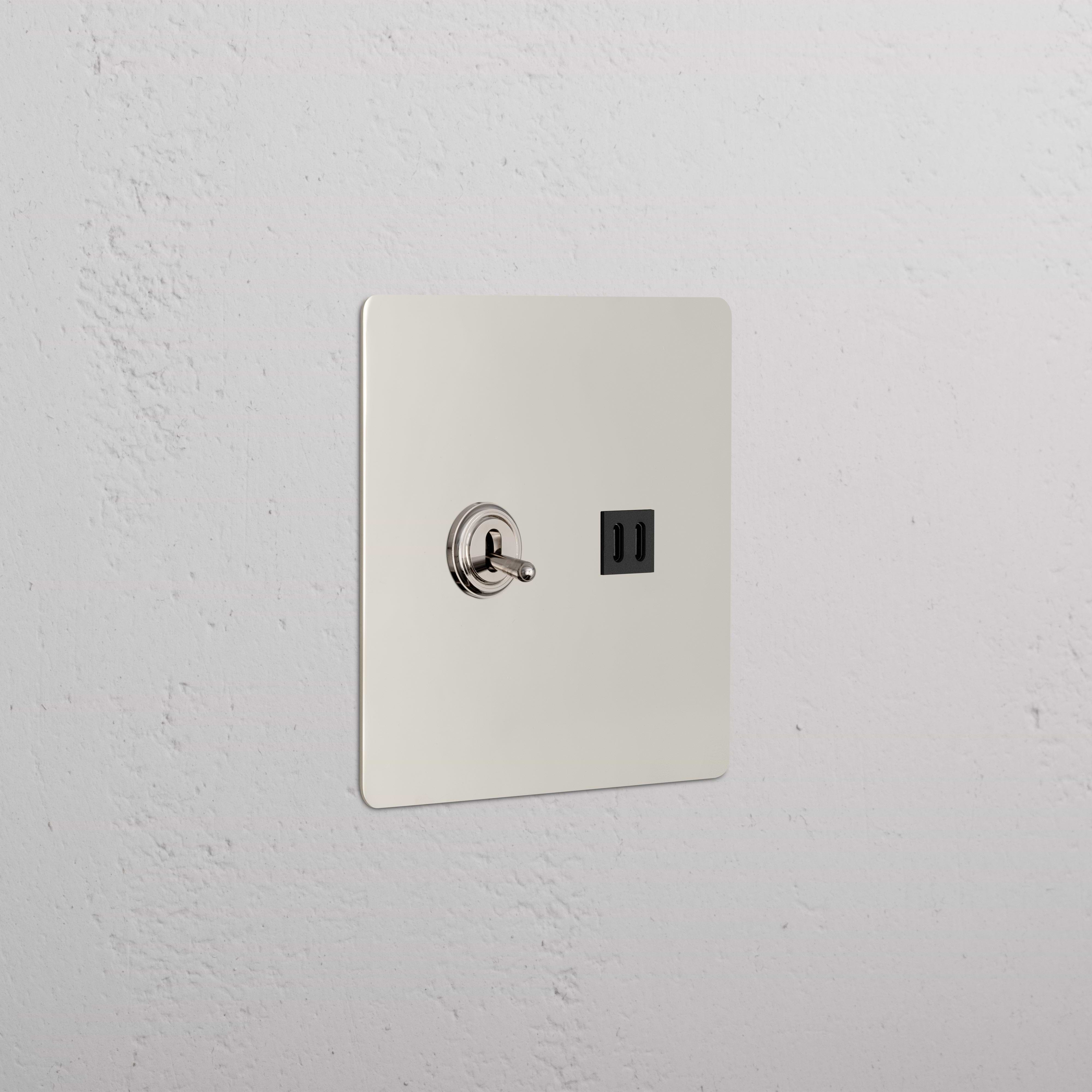 Kew 2G Toggle Switch & Fast Charge USB in polished nickel black, with toggle switch and USB port on silver plate.