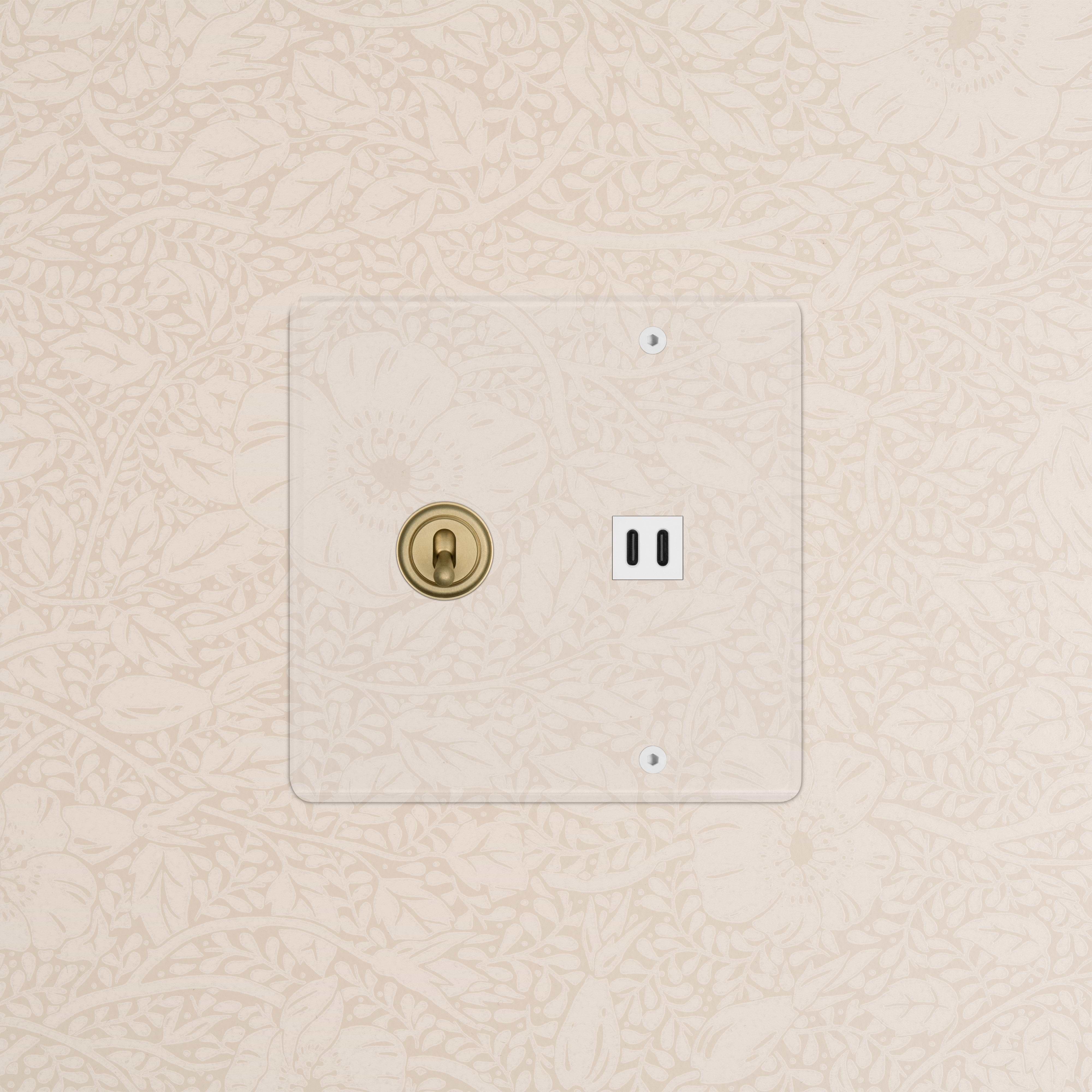 Kew 2G Toggle Switch & Fast Charge USB in clear antique brass and white finish, mounted on a wall.