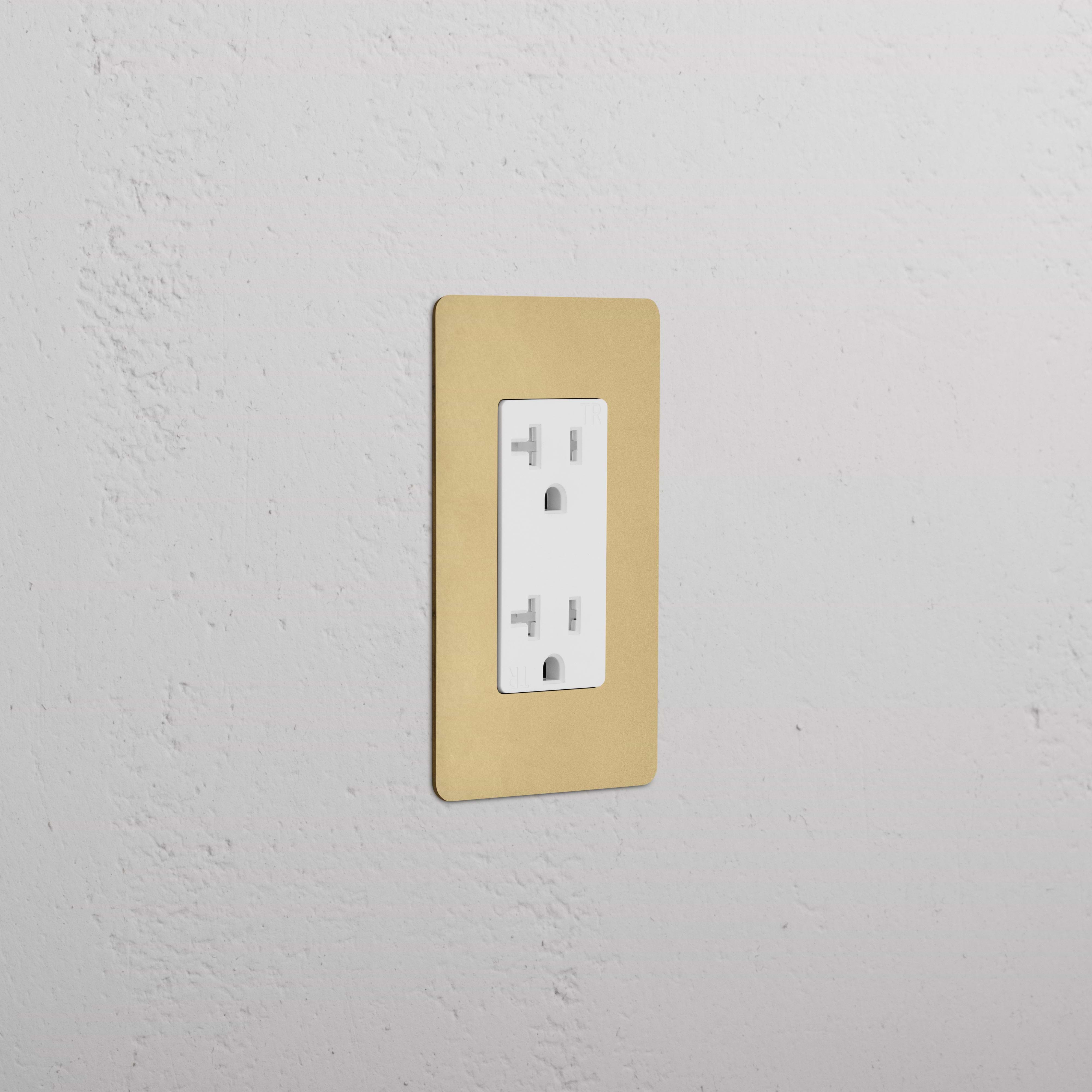 Kew 1G 20A Outlet in white, set on an antique brass white rectangular faceplate.