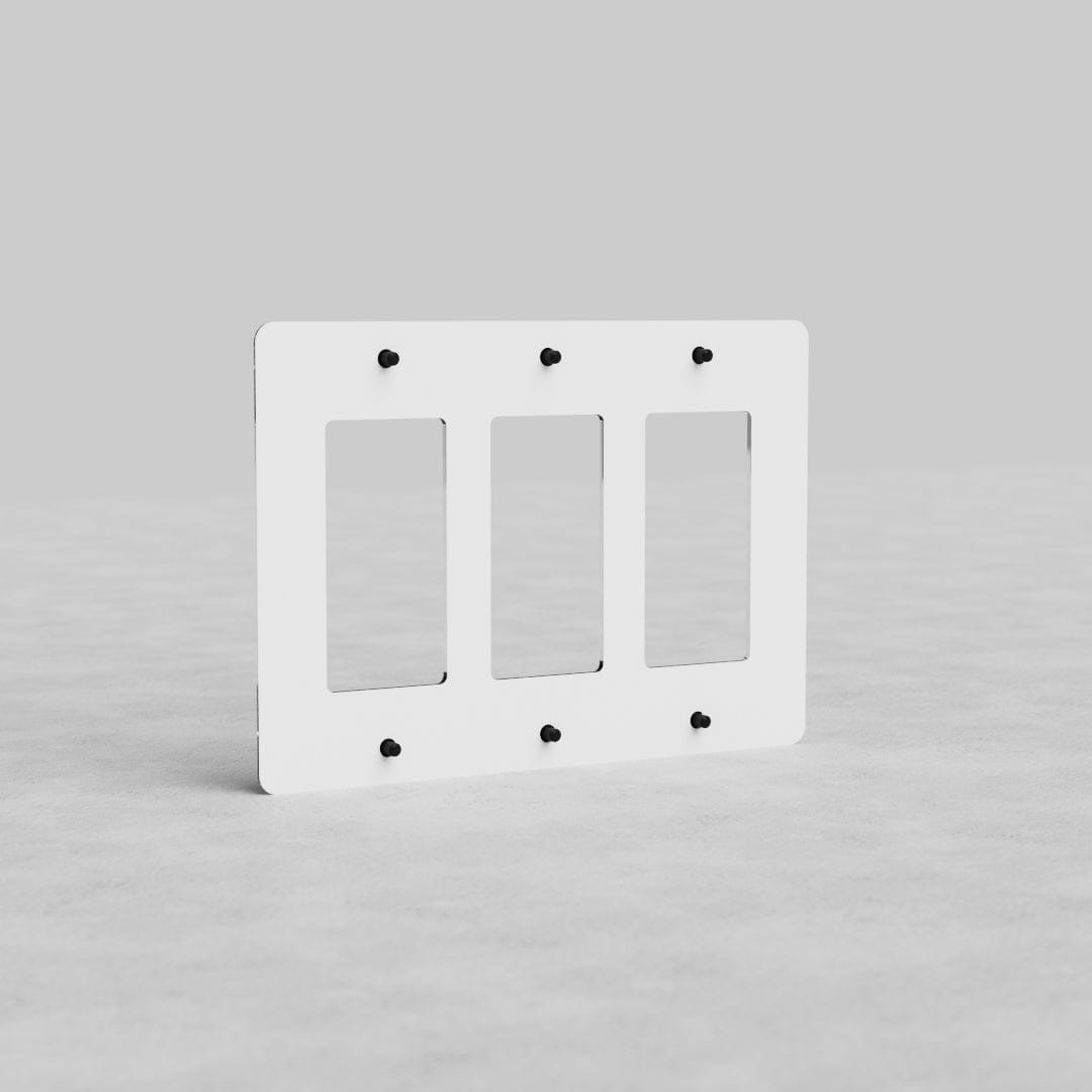 Clear 3-gang outlet plate Kew US with three vertical cutouts and six black screws on a white background.