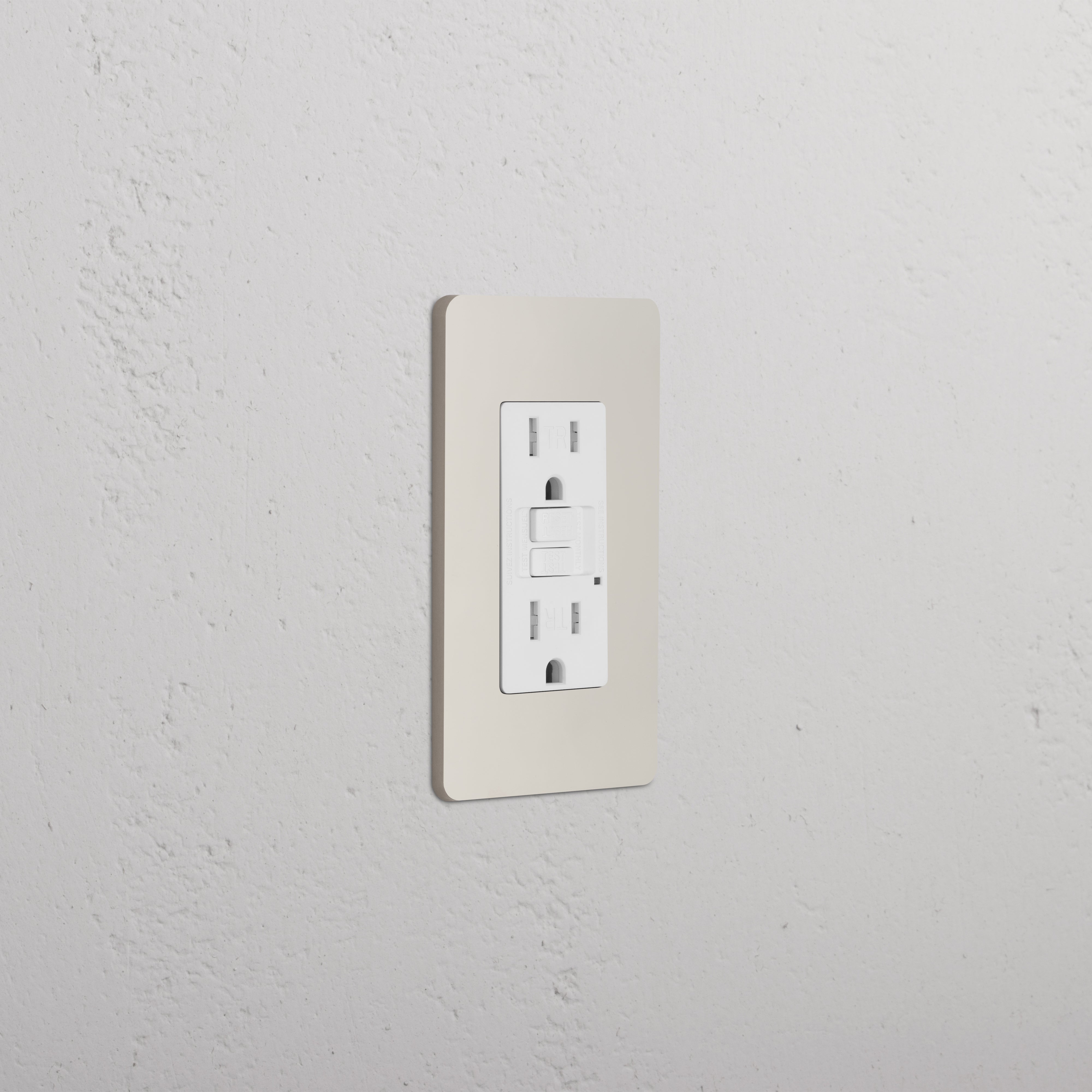 Grove 1G 15A GFCI Outlet in Polished Nickel White with two sockets and GFCI test/reset buttons on a wall.
