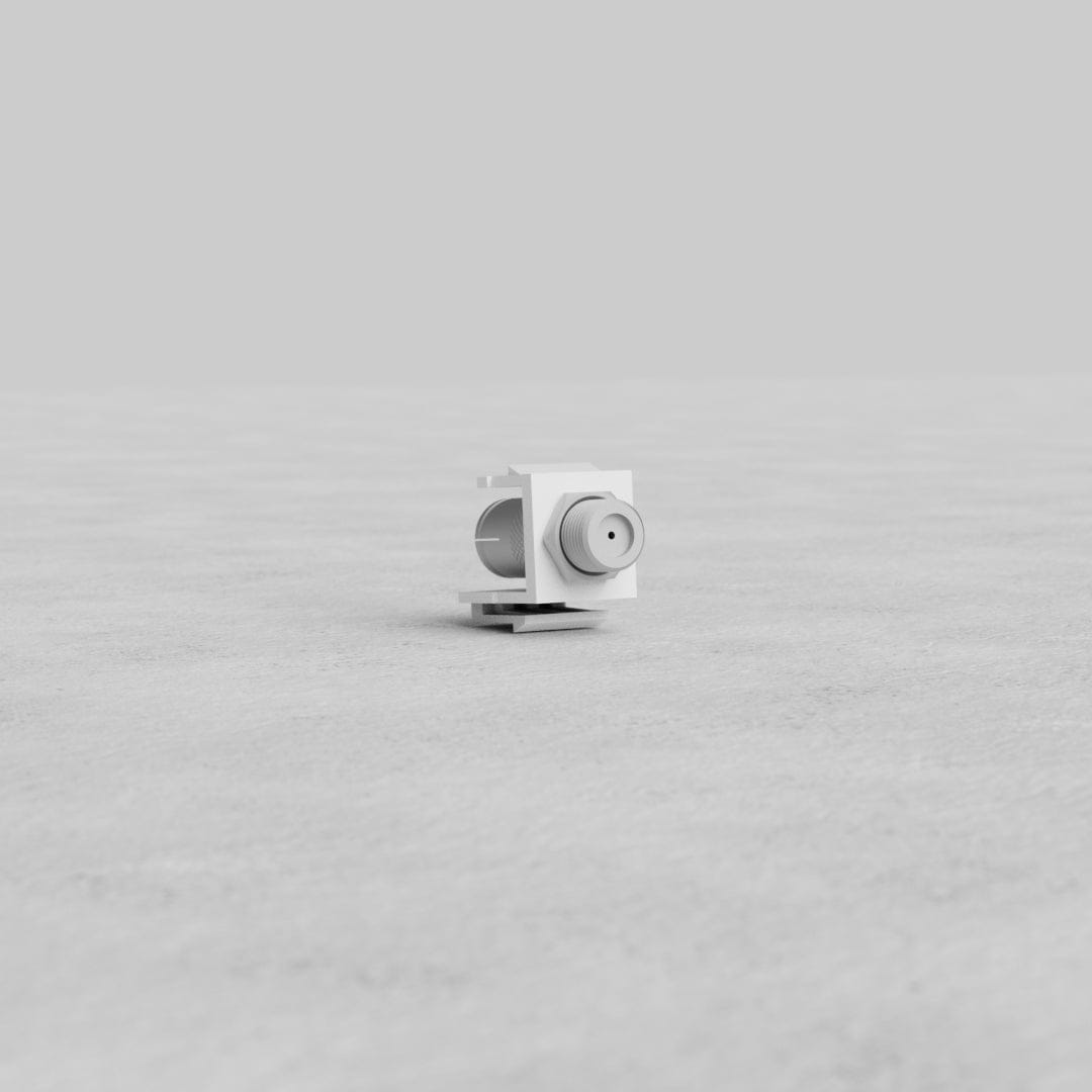 White Satellite Keystone Module featuring a circular satellite connector, shown on a flat gray surface.