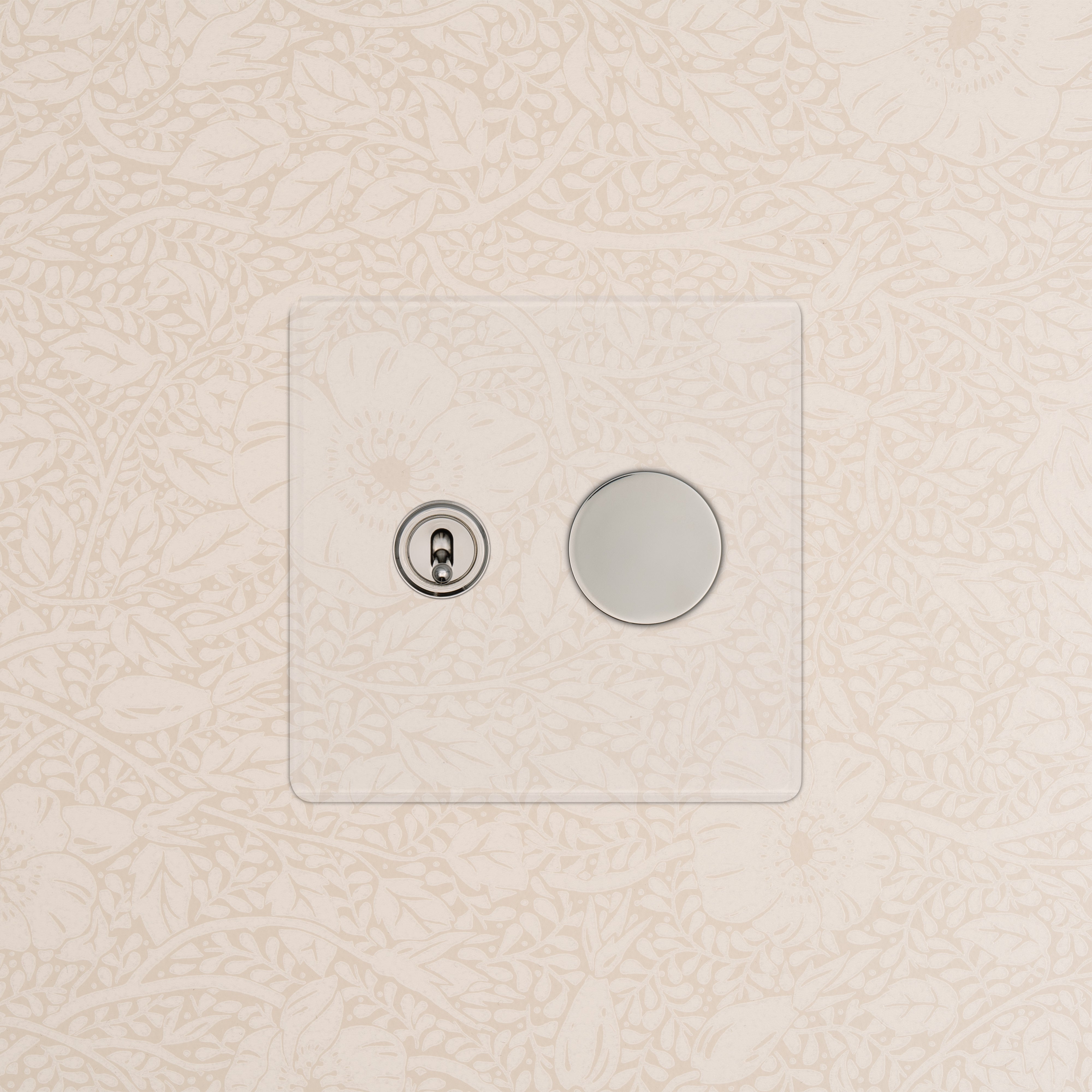 Kew 2G Toggle & Dimmer Switch in Clear Polished Nickel with dual controls on a clear faceplate.