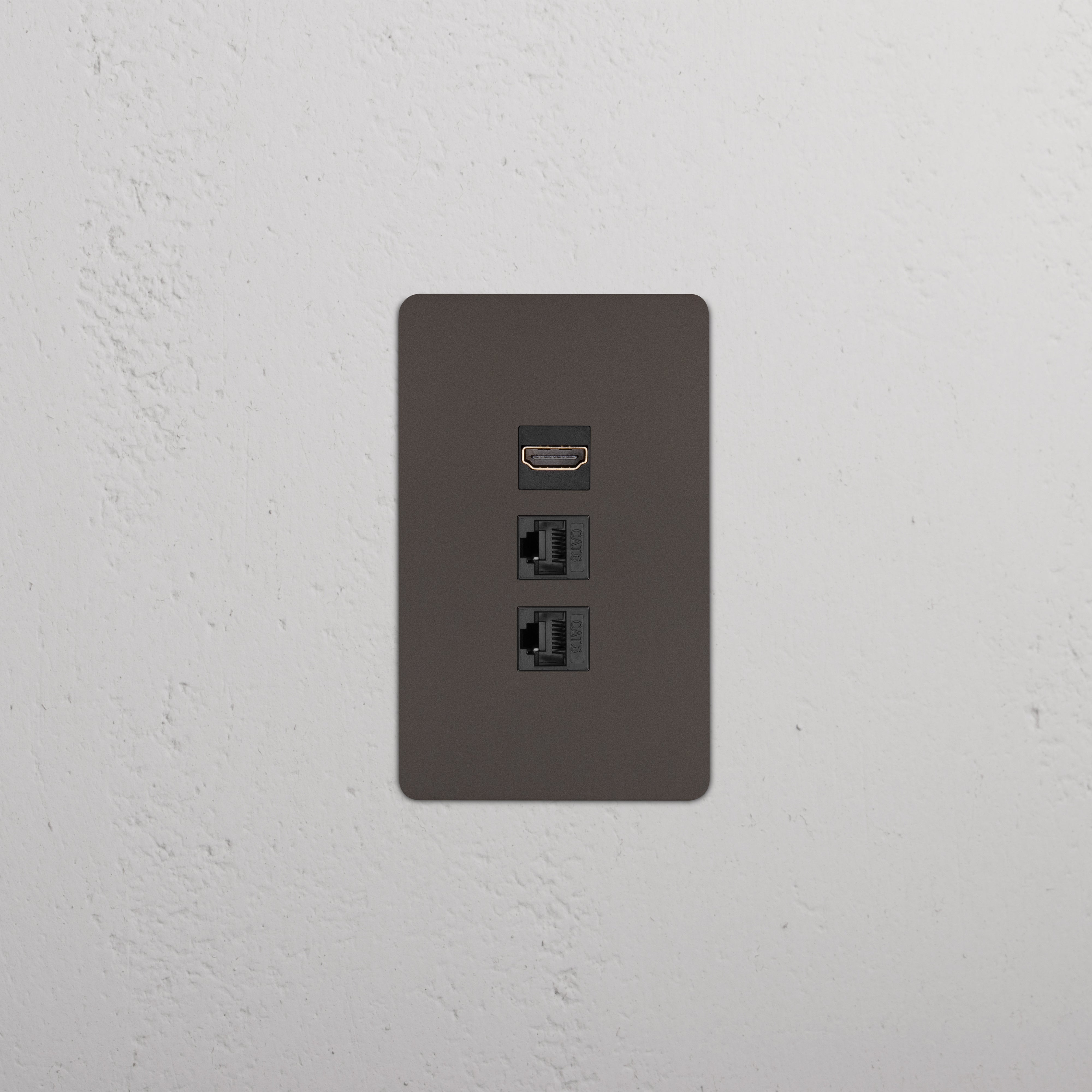 Kew 1G HDMI & 2x CAT6 Keystone wall plate in Bronze Black with one HDMI and two Ethernet ports.