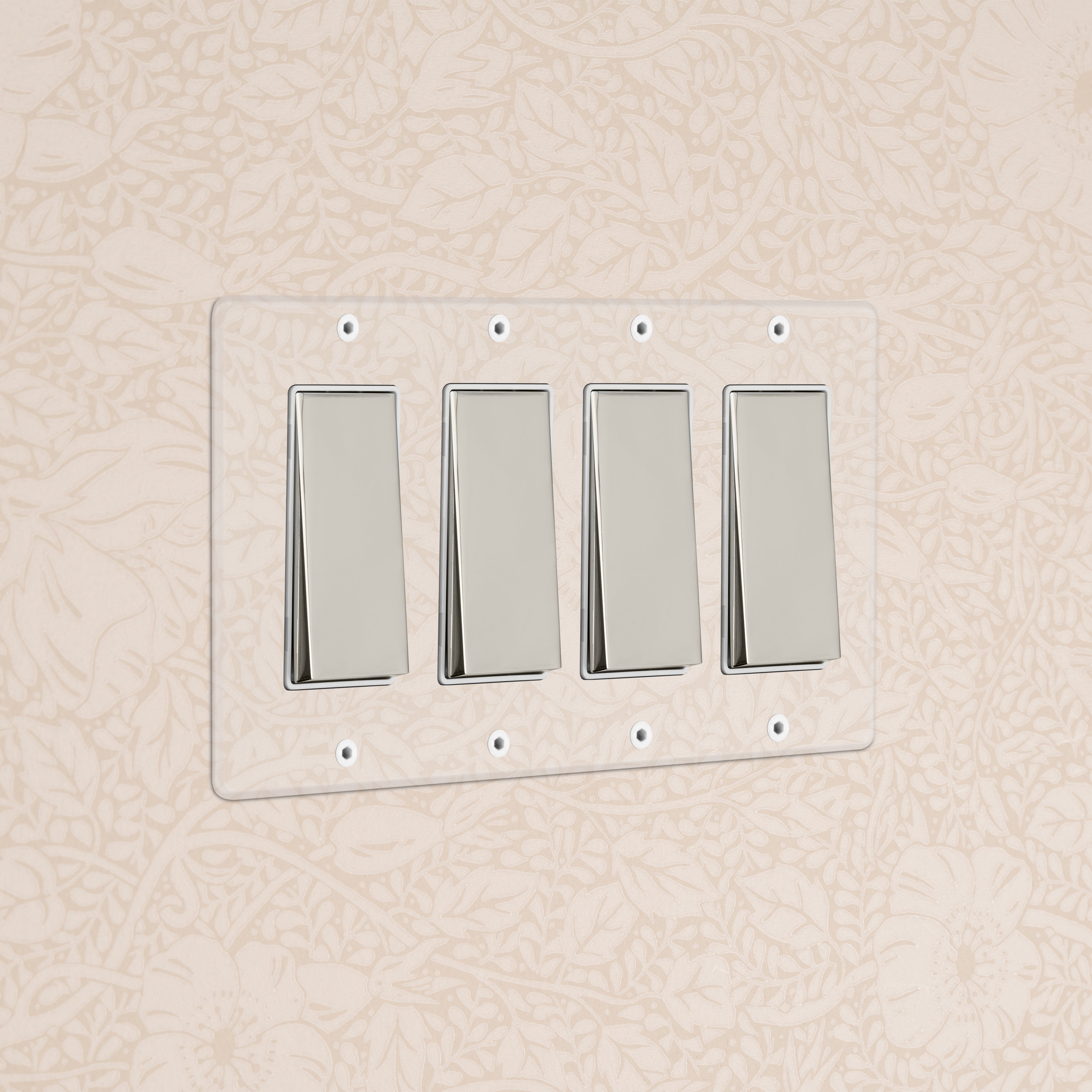 Kew 4G Rocker Switch in Clear Polished Nickel White with four switches on a clear plate, wall-mounted.