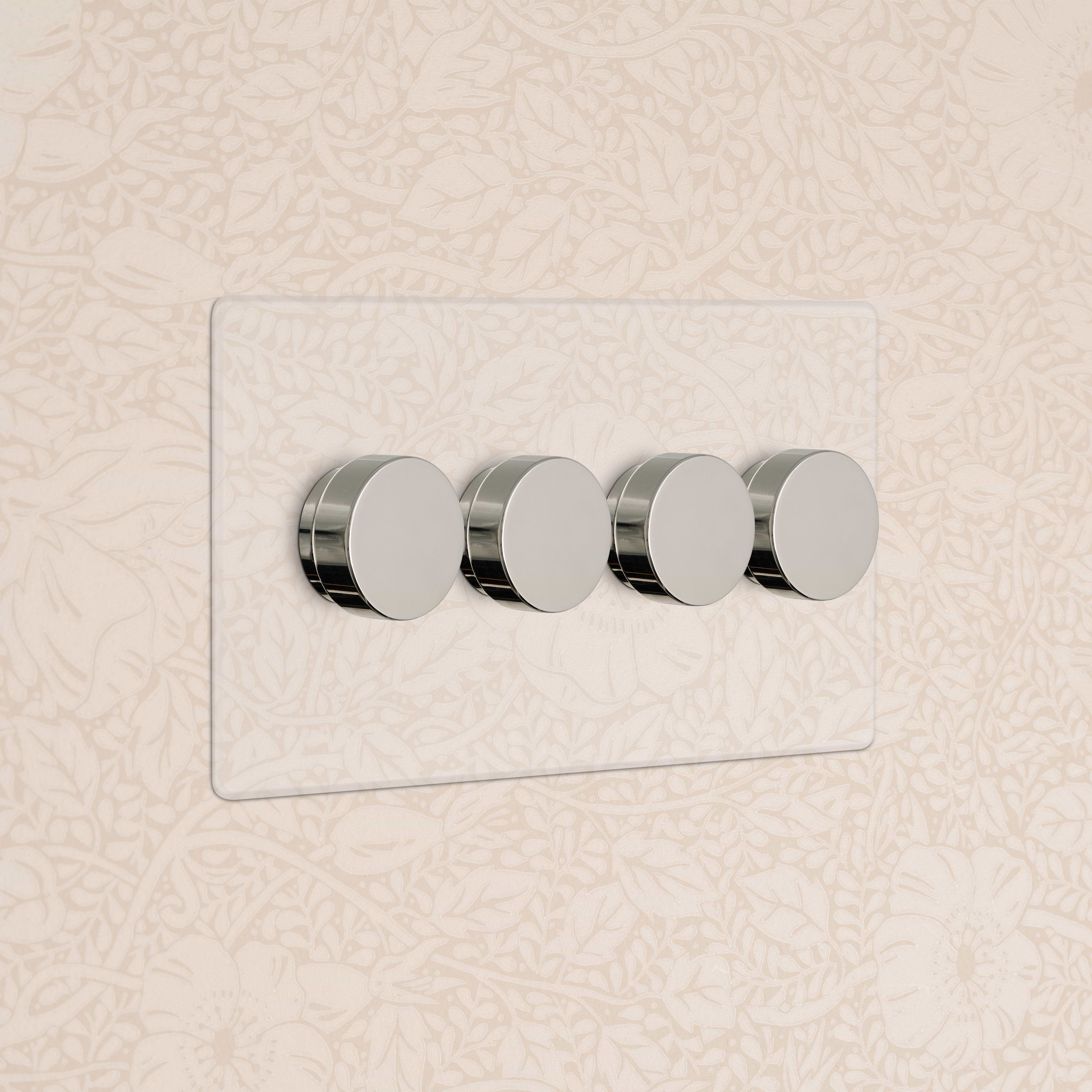 Kew 4G Dimmer Switch in Clear Polished Nickel, featuring four round dimmer knobs on a glass plate.