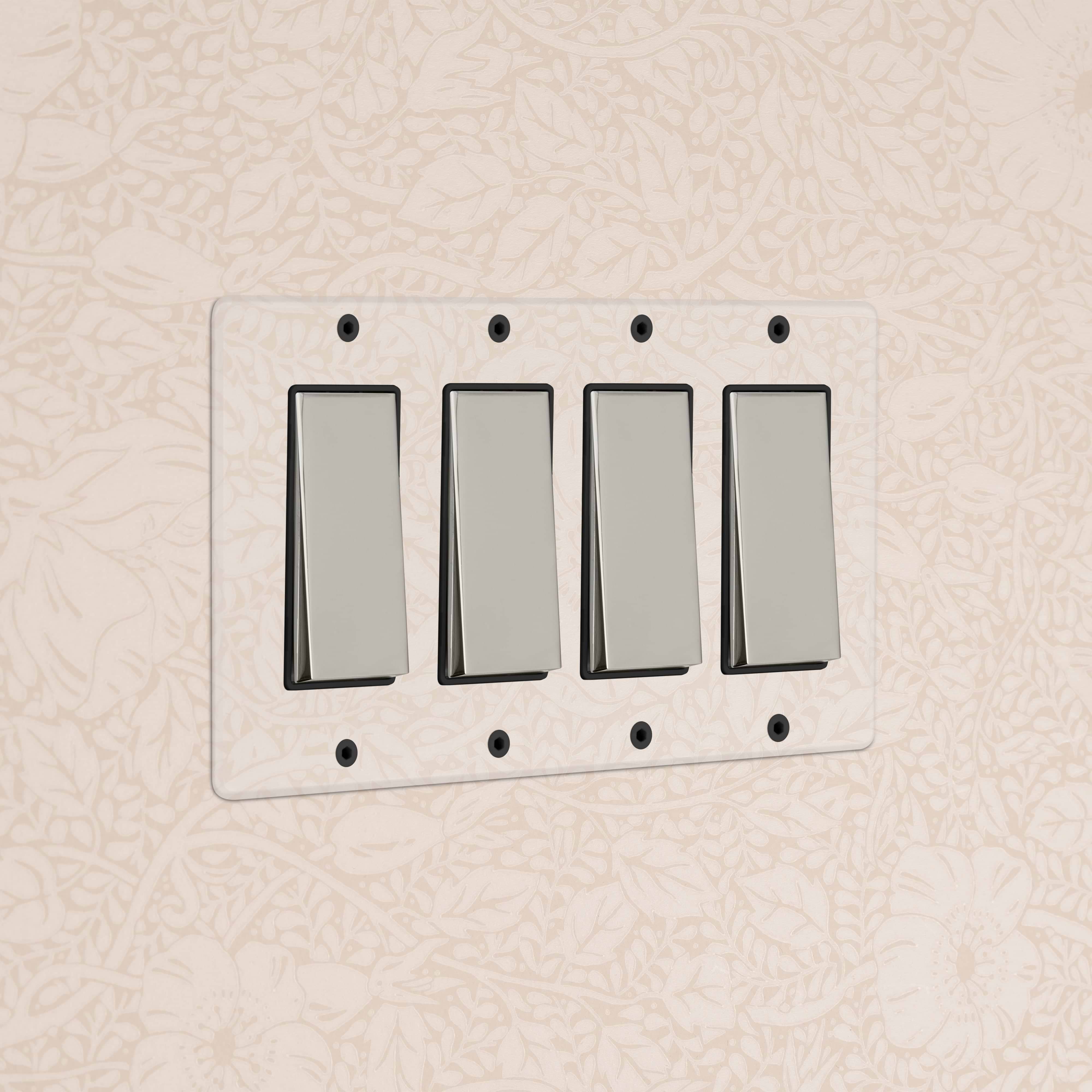 Kew 4G Rocker Switch in clear polished nickel black, featuring four black rectangular switches on a faceplate.