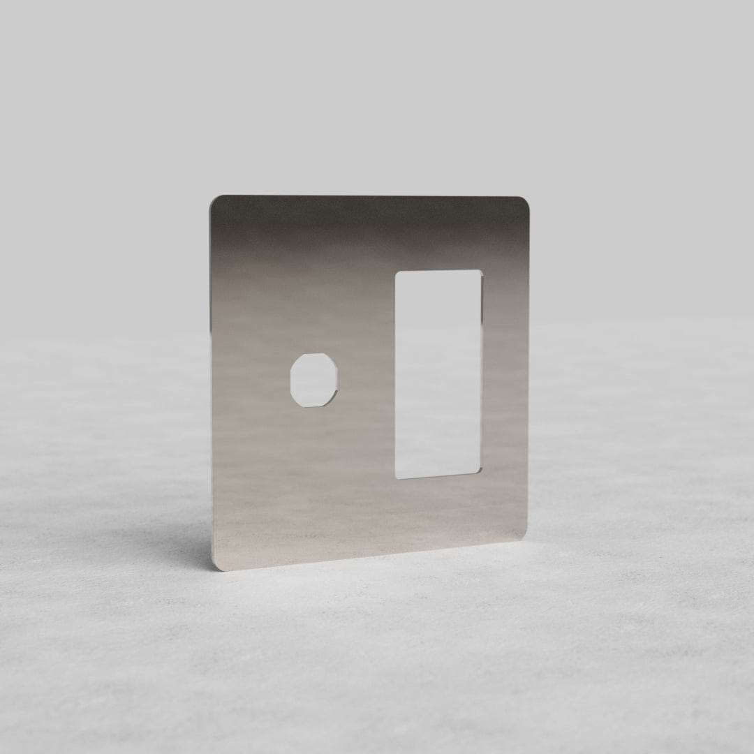 Polished Nickel 2G Switch & Outlet Plate Kew US with one circular and one rectangular cutout, front view.