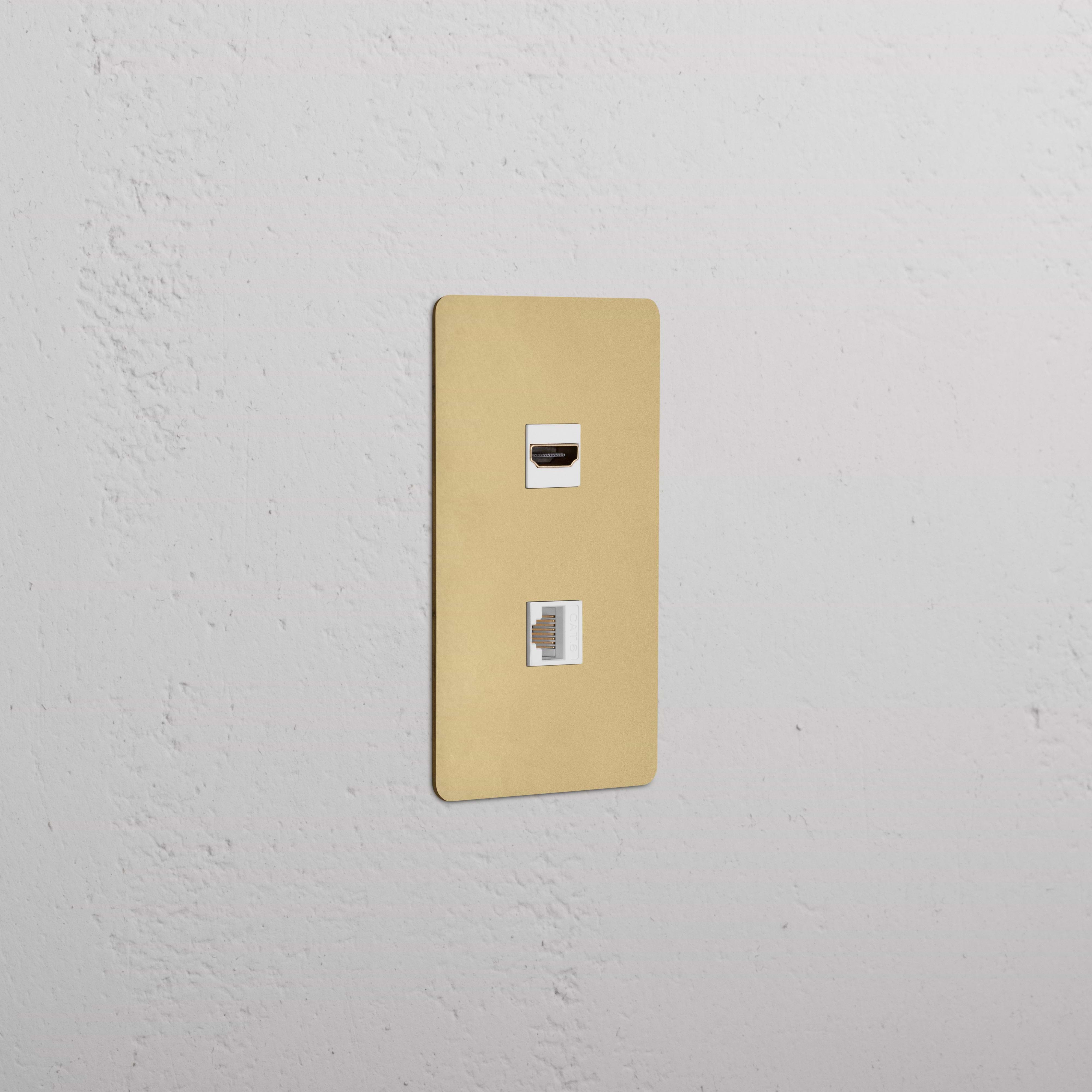 Kew 1G HDMI & CAT 6 Keystone in antique brass with white insert, wall plate for HDMI and Ethernet connections.