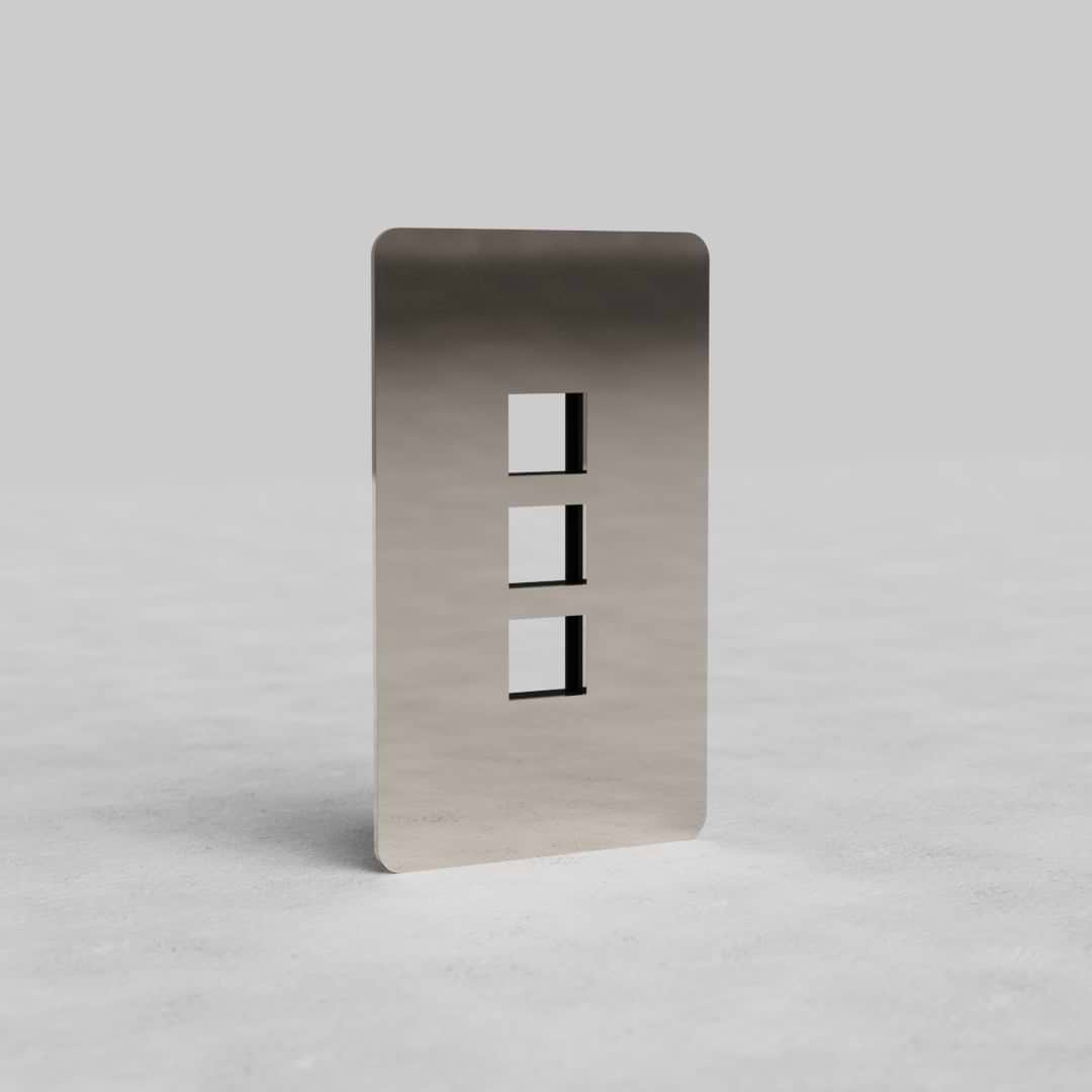 Polished Nickel 1G 3x Keystone Plate Kew US with three vertical keystone module slots, shown on gray background.