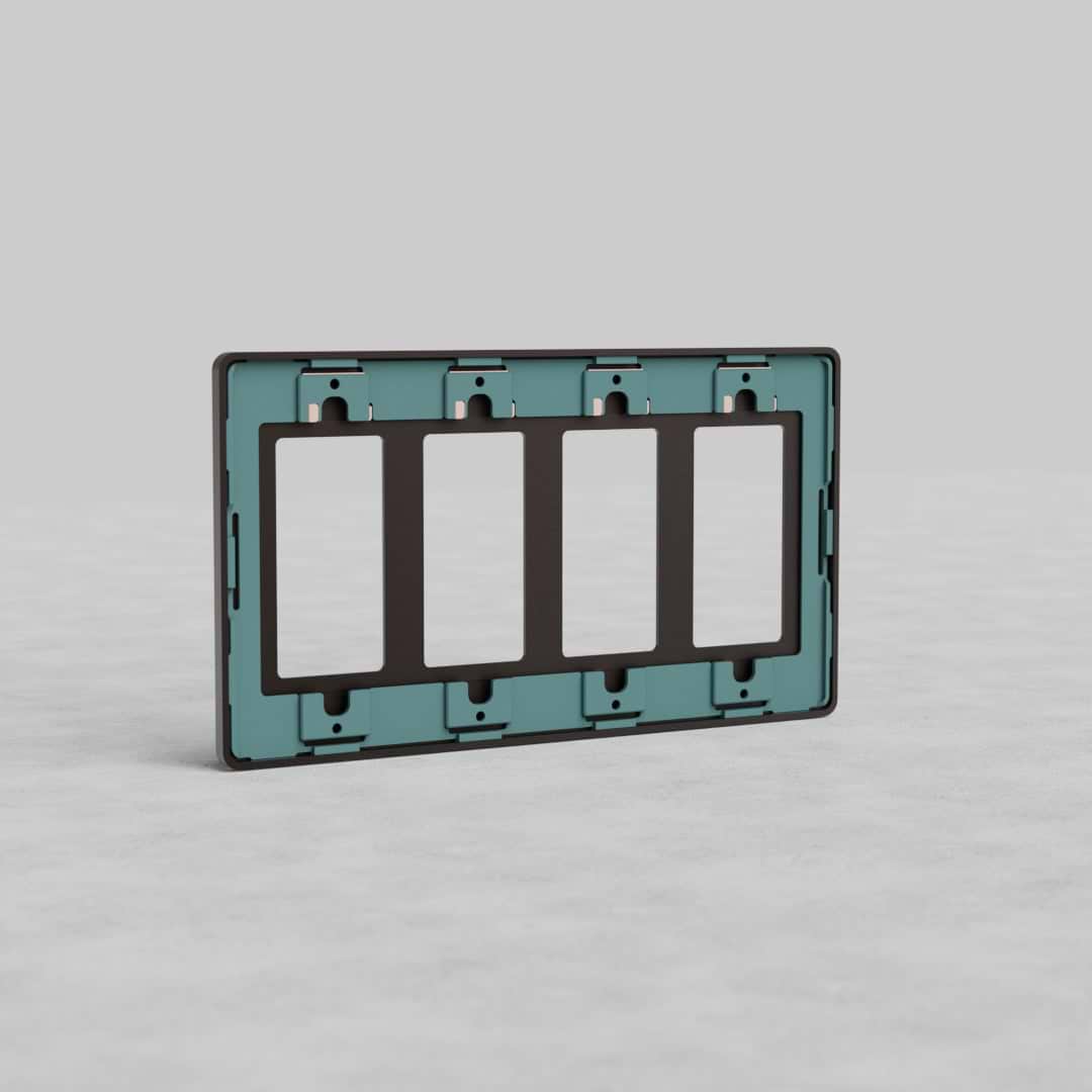 Bronze 4-gang outlet plate Grove US with teal inner section and black borders, shown upright on a light surface.