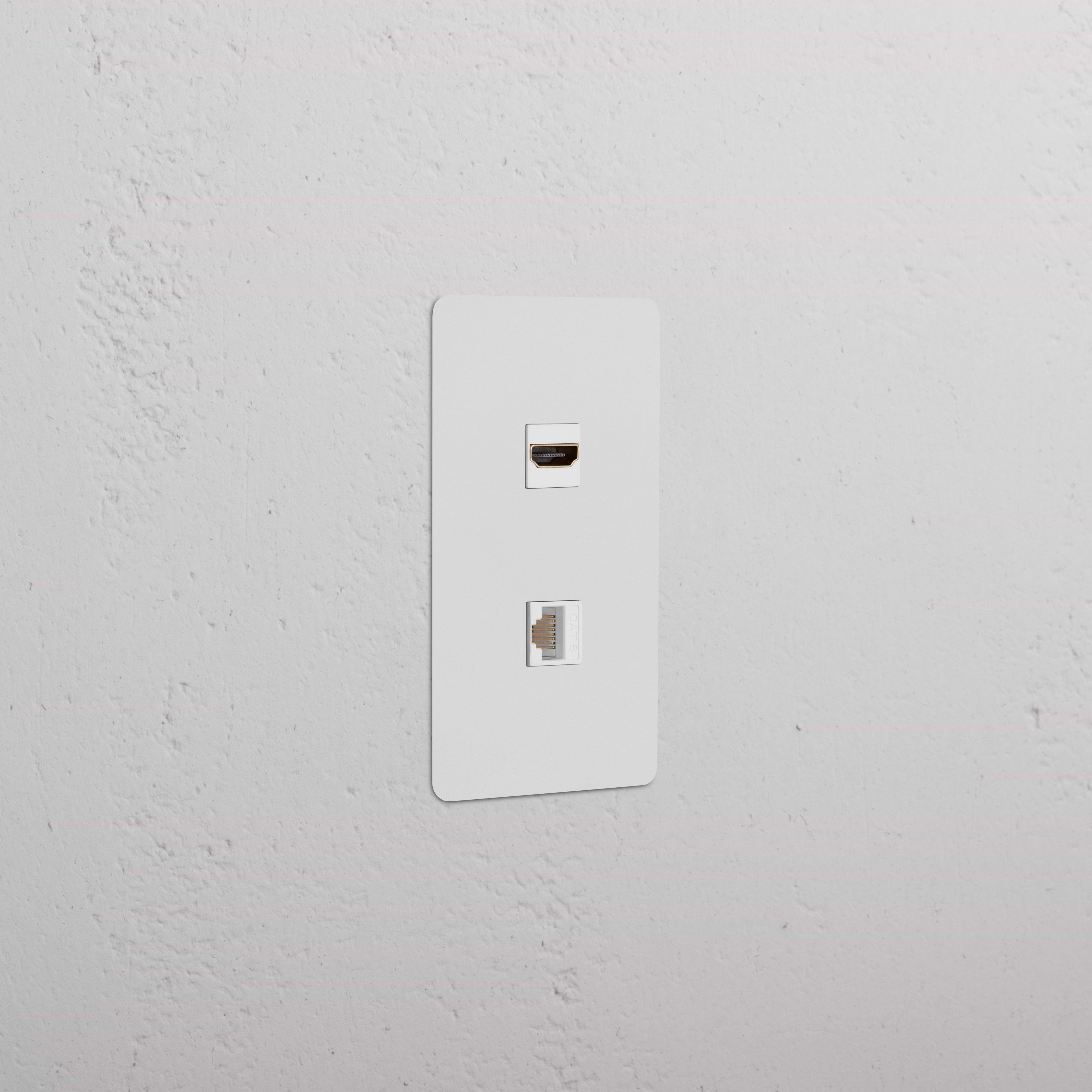 Paintable white Kew 1G faceplate with HDMI and CAT 6 Keystone ports, suitable for network and AV connections.
