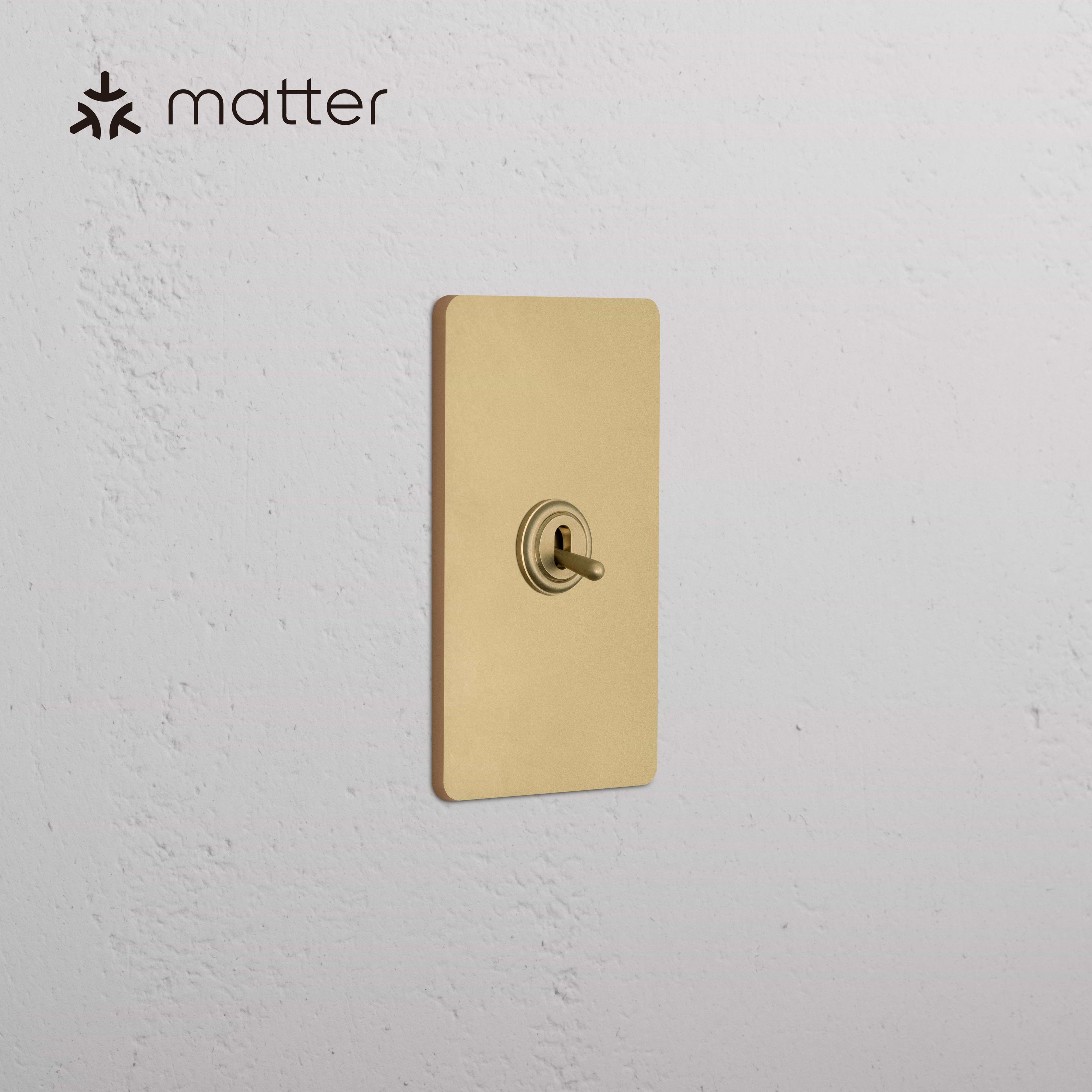 Grove 1G Smart Retractive Toggle Switch in antique brass, rectangular plate, shown on a white wall.