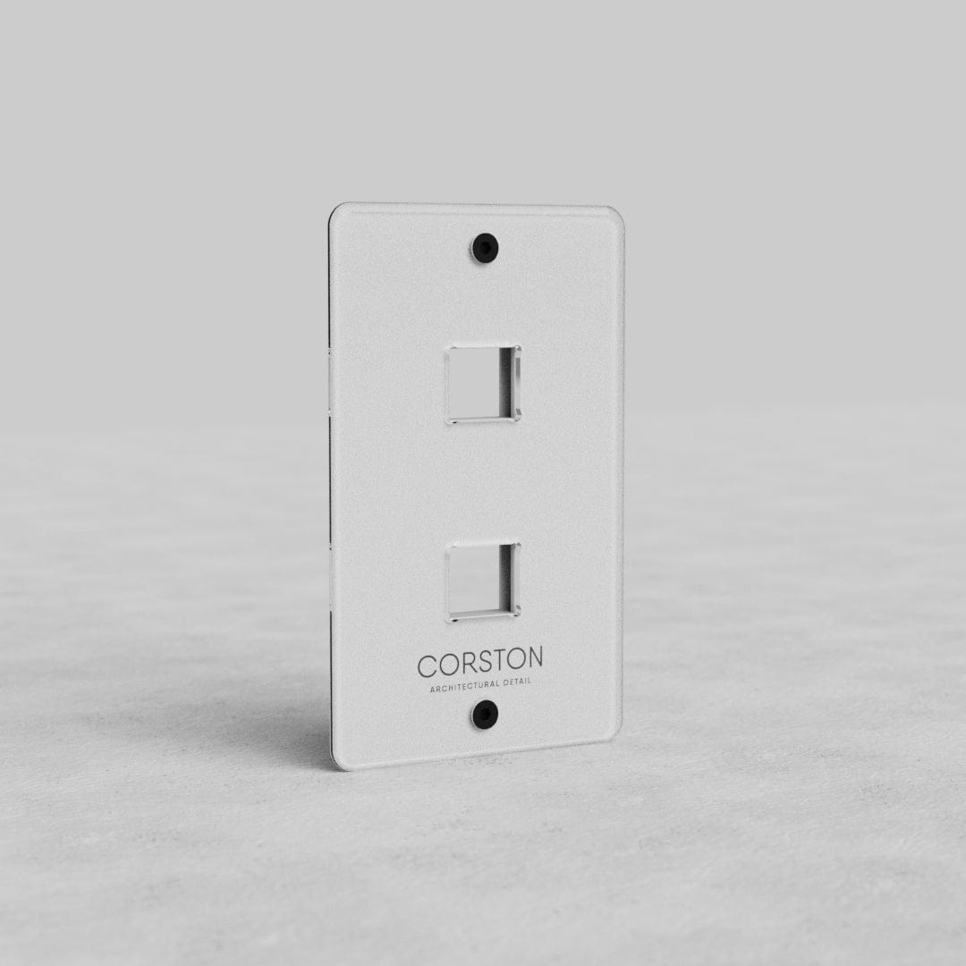 Clear 1-gang wall plate for US installations, features two keystone module cutouts and CORSTON branding.