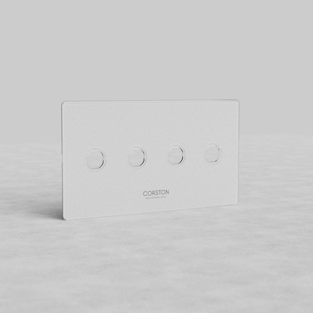 Clear 4-gang switch plate, Kew US style, with four round switches and 'CORSTON' logo below.