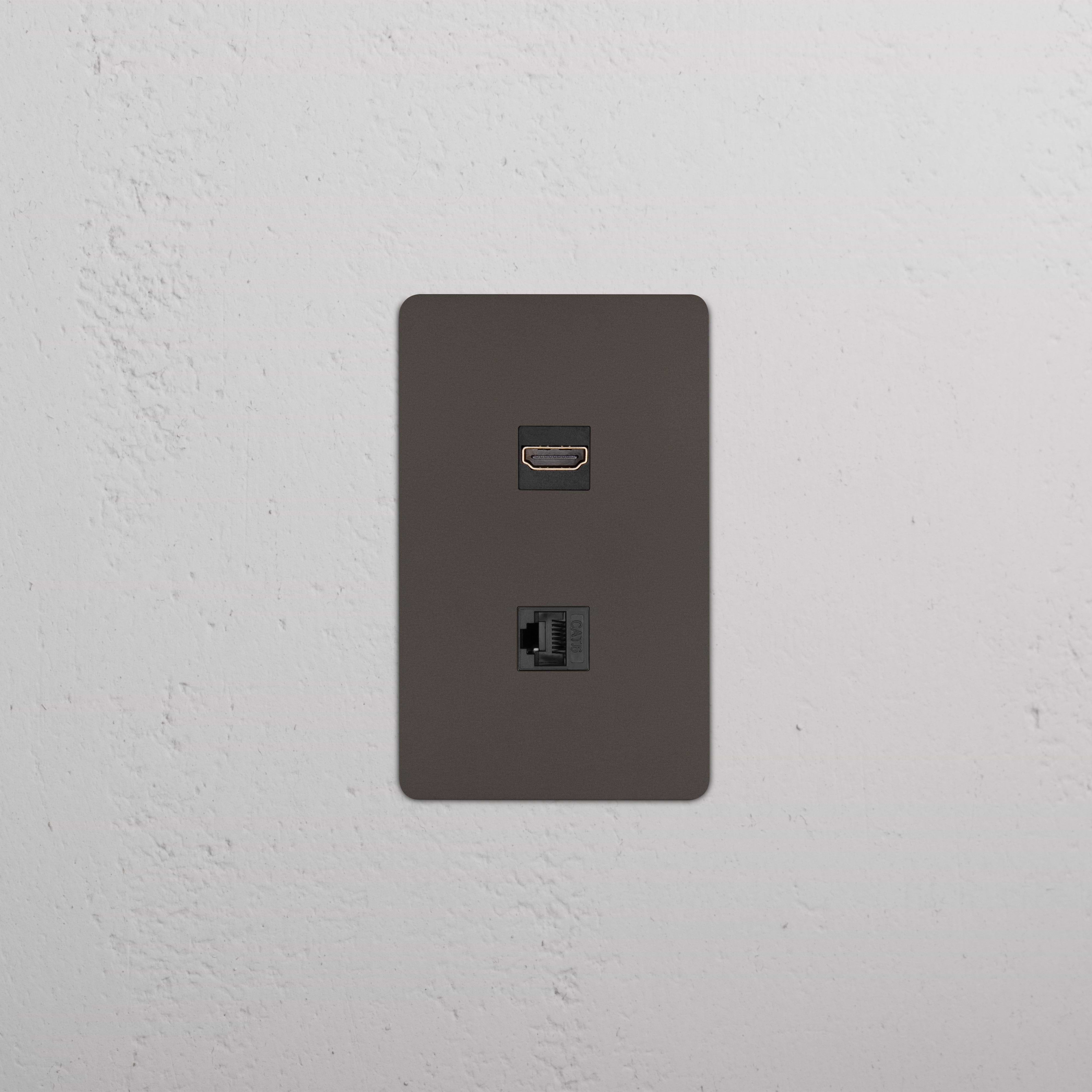 Kew 1G HDMI & CAT 6 Keystone wall plate in Bronze Black, with HDMI and CAT 6 ports for AV connections.