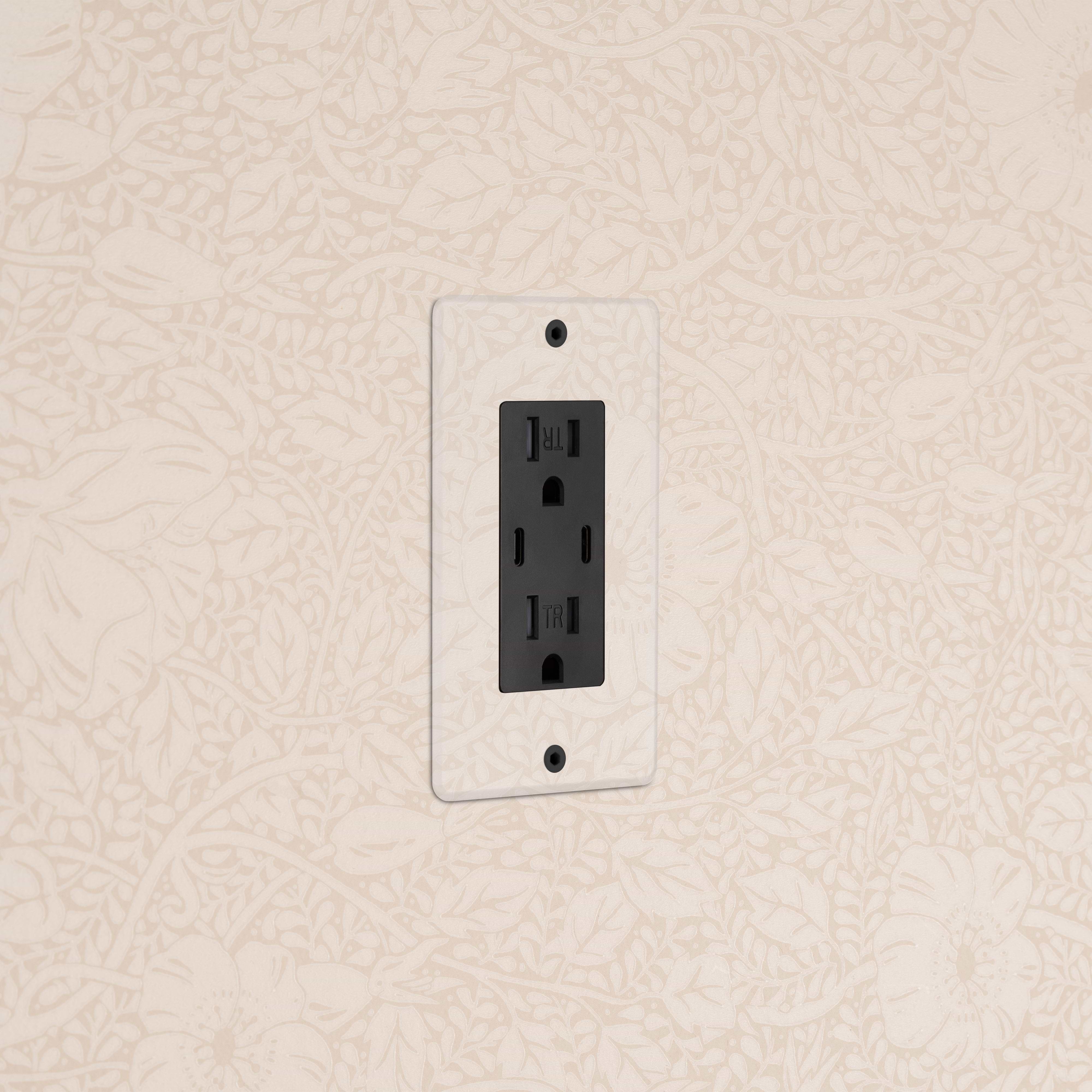 Clear Black Kew 1G 15A USB Outlet with two USB ports, installed on a wall with floral-patterned wallpaper.