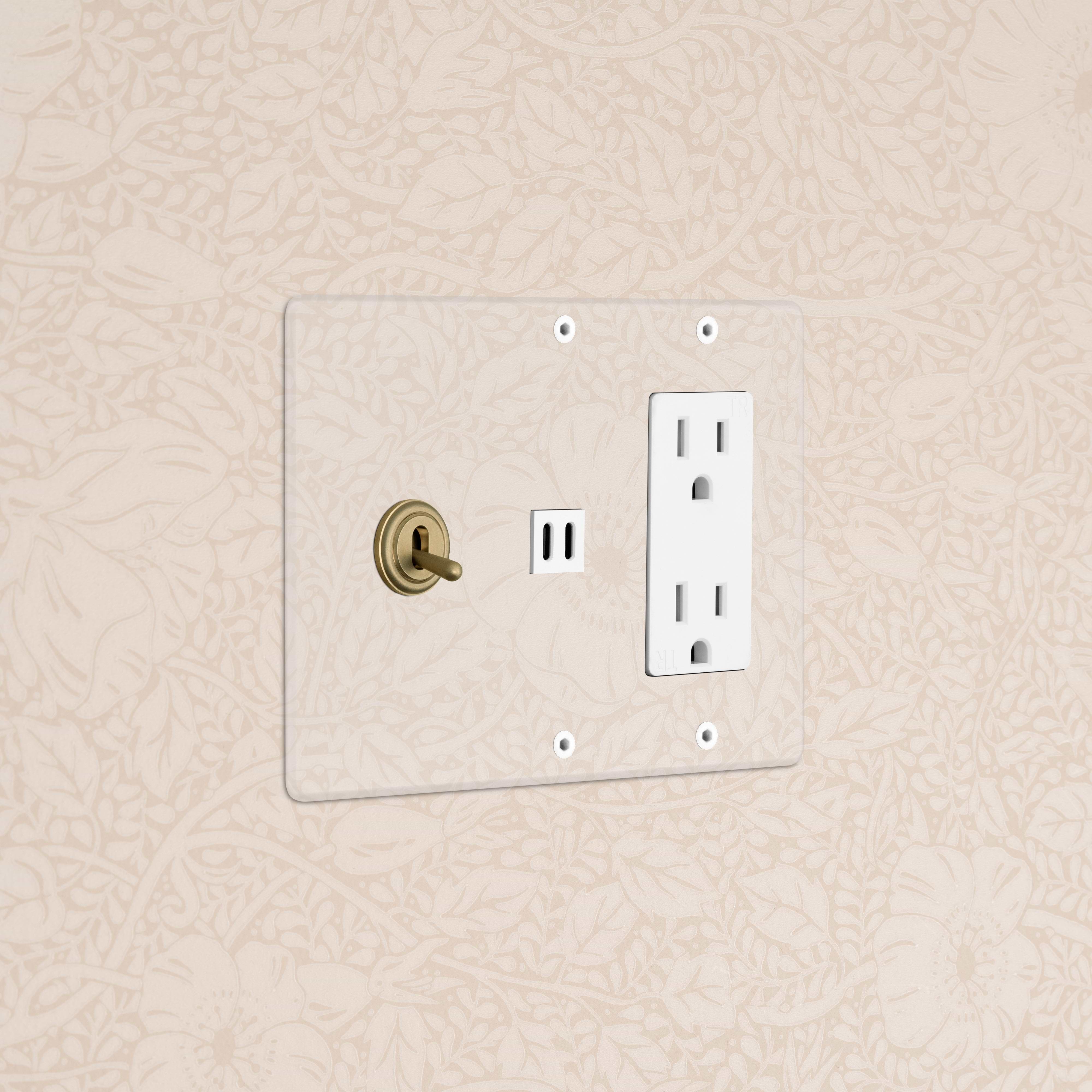 Kew 3G Toggle Switch & Outlet & Fast Charge USB in Clear Antique Brass White with toggles, outlets, and USB port.