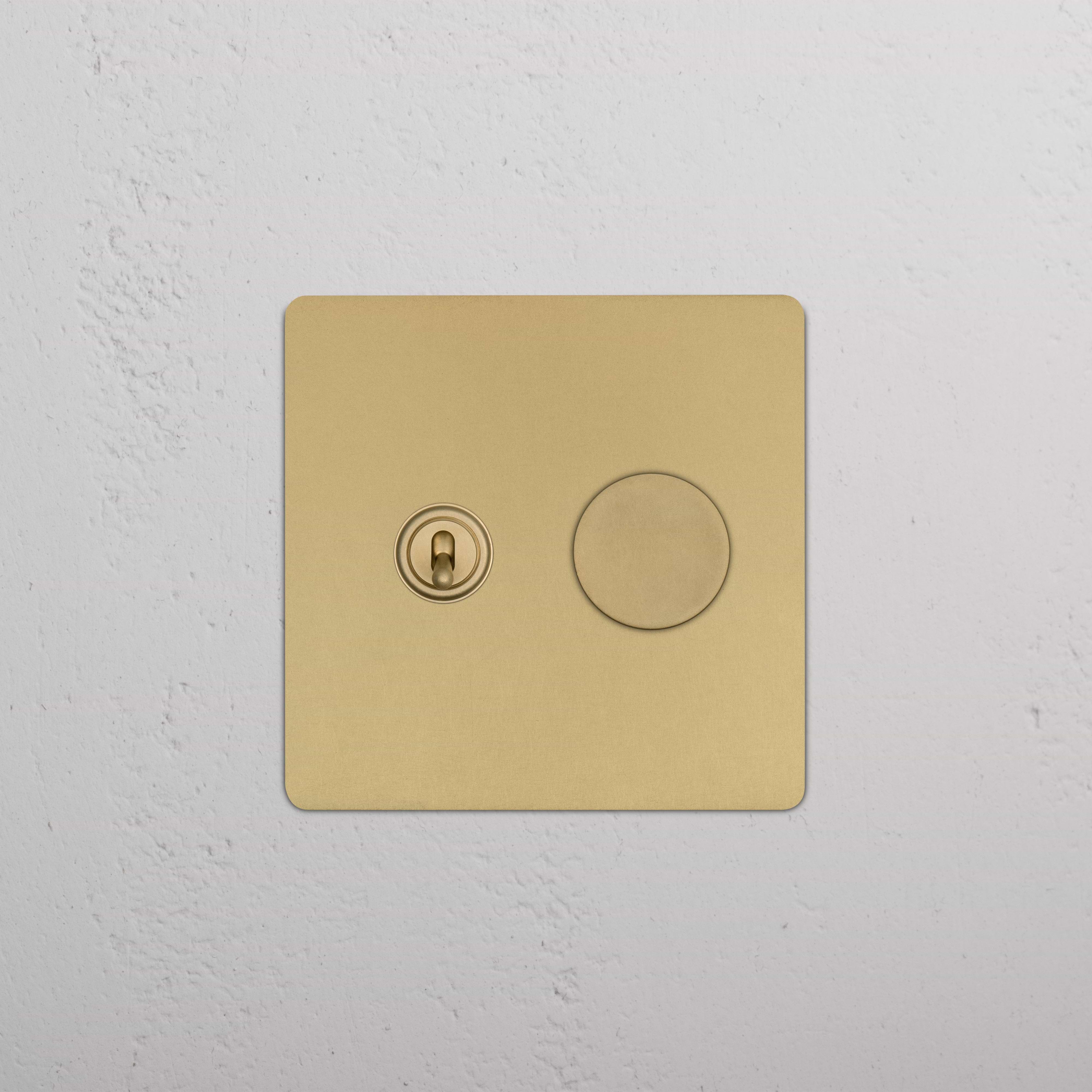 Kew 2G Toggle & Dimmer Switch in Antique Brass, featuring one toggle switch and one dimmer knob.