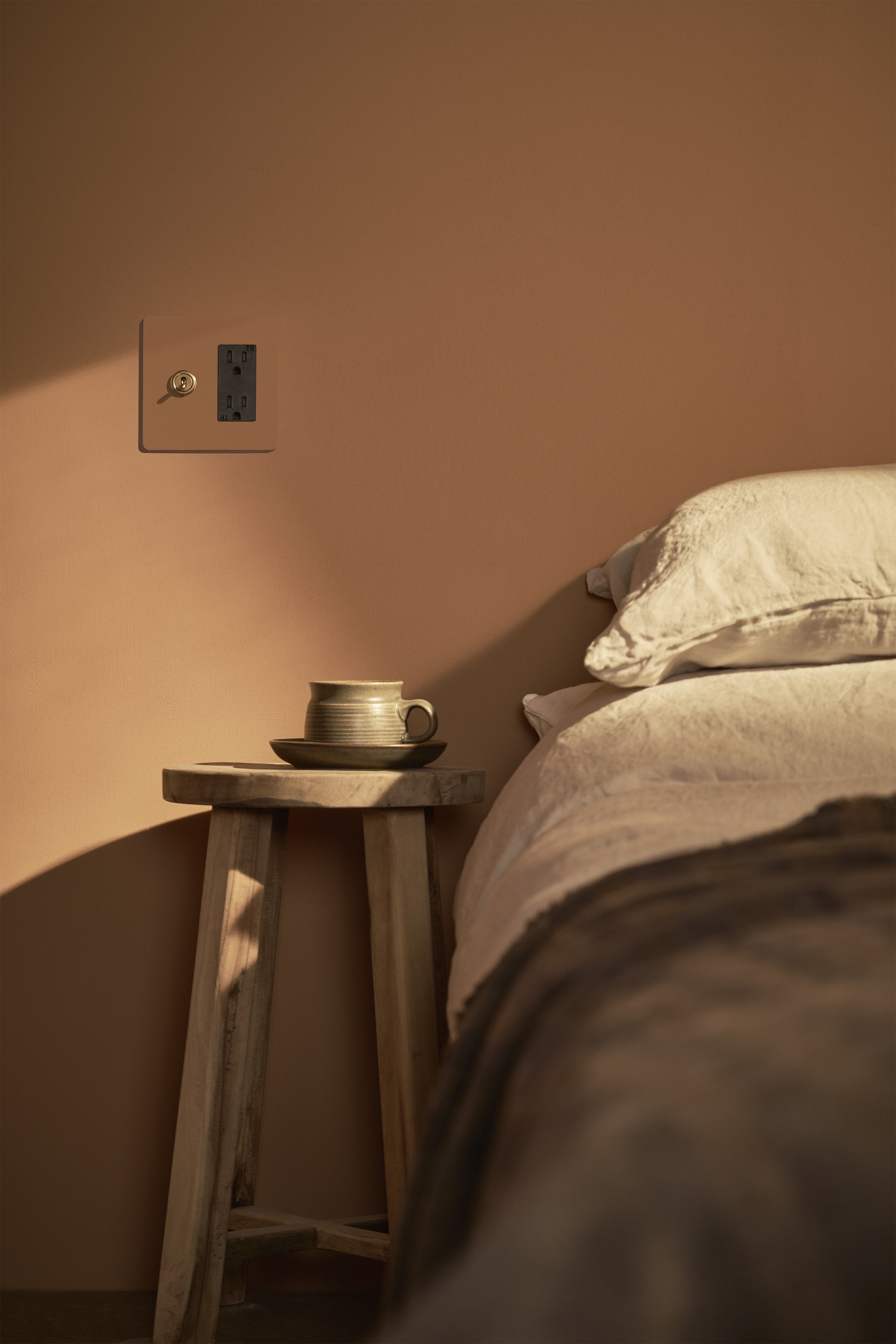 Kew 2G Toggle Switch & Outlet in paintable antique brass black, shown installed on a beige wall.