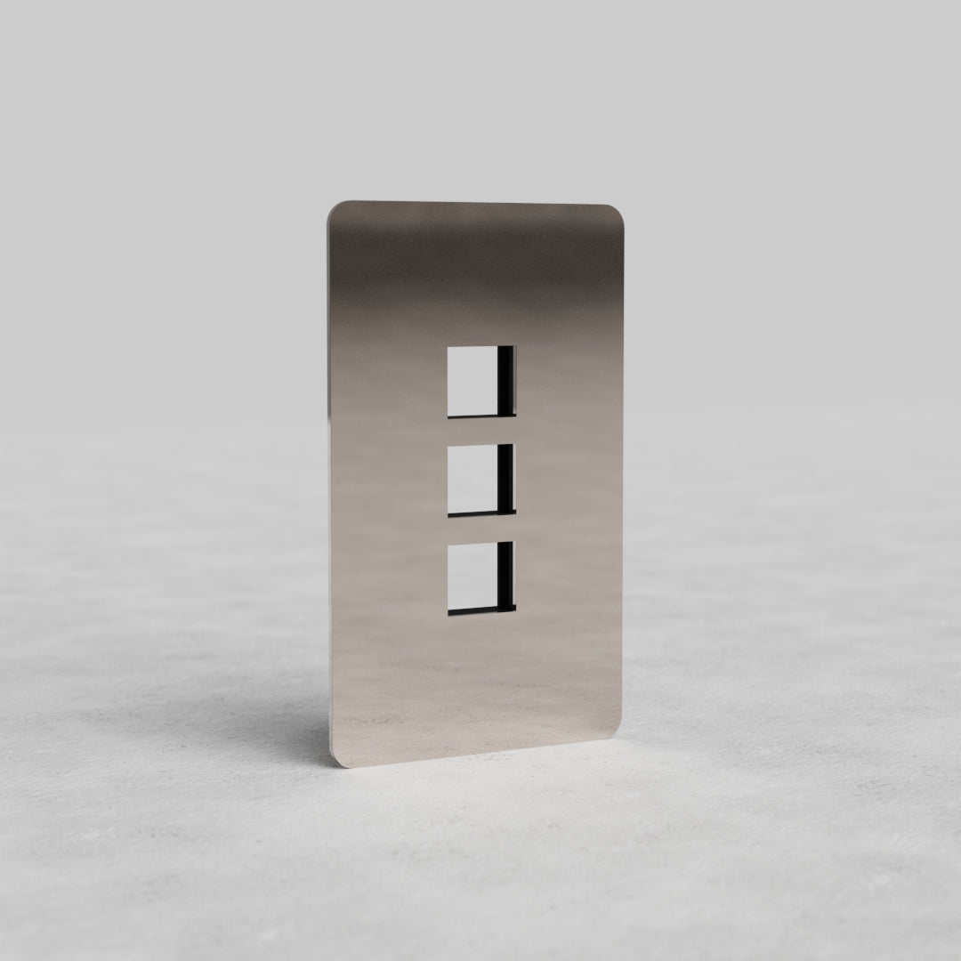 Polished Nickel 1G 3x Keystone Plate Kew US with three vertical keystone module slots, shown on gray background.